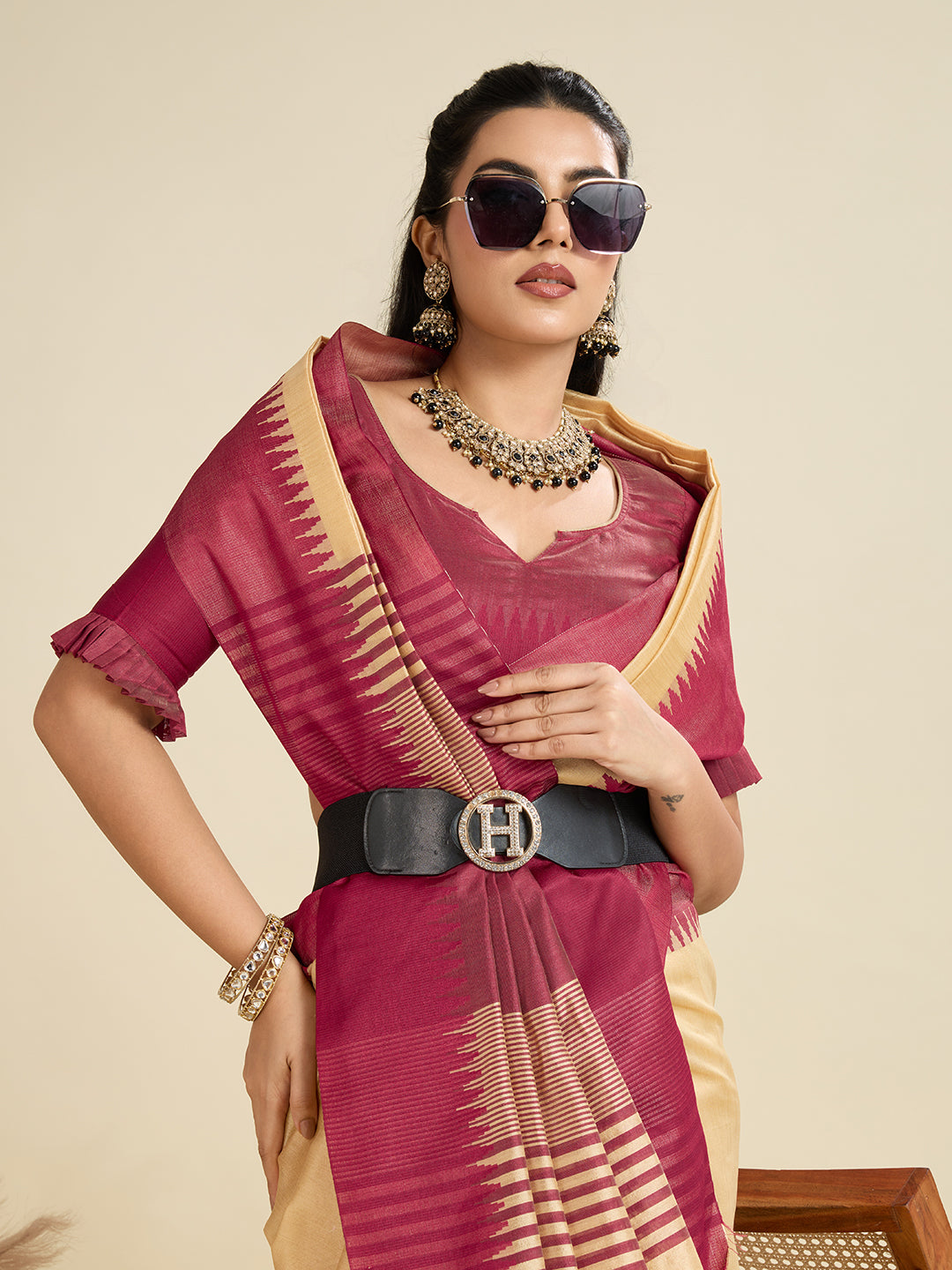 Oat Cream Soft Raw Silk Saree With Contrast Border