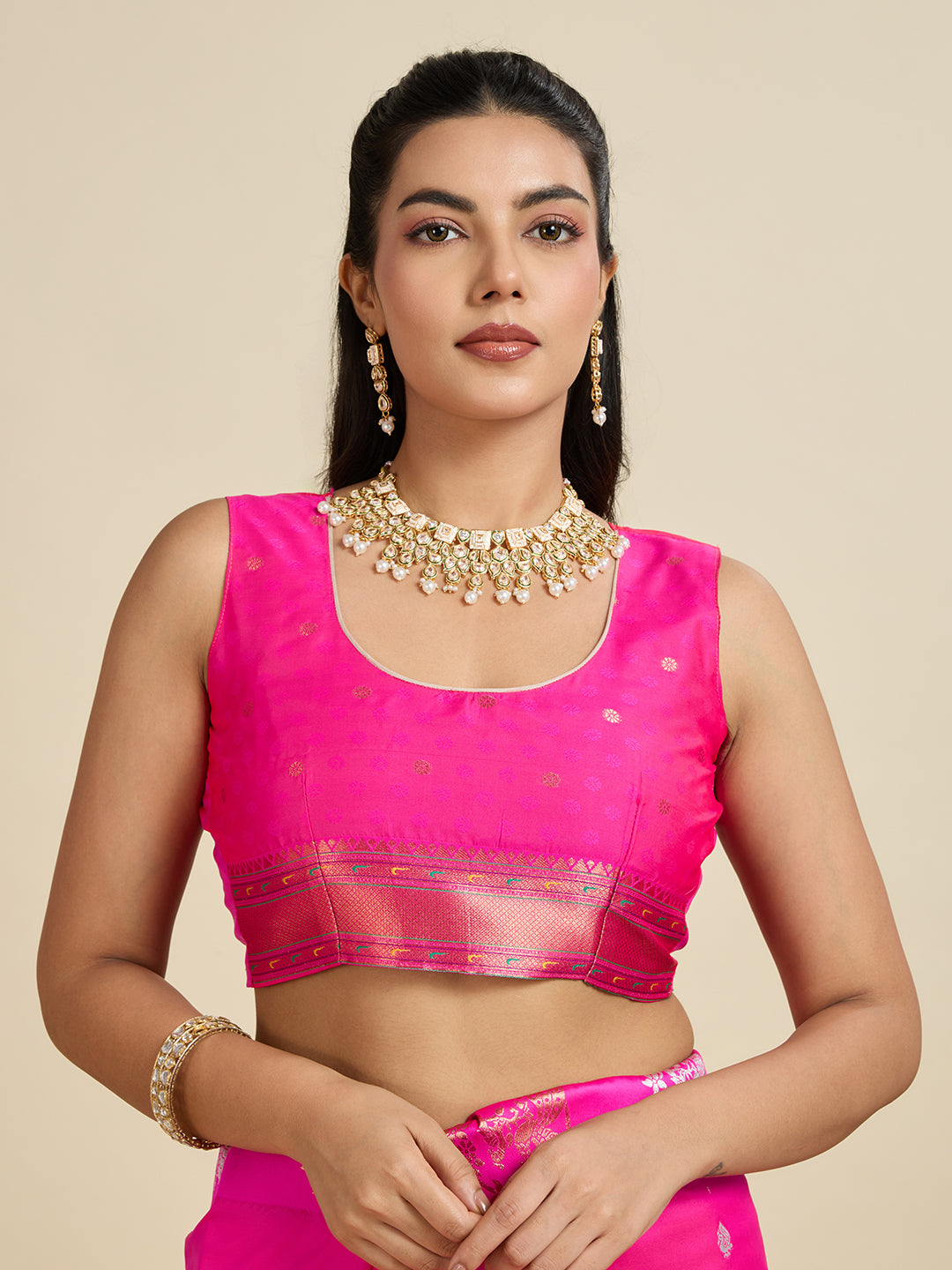 Magenta Pink Paithani Silk Saree With Ethnic Blouse Piece