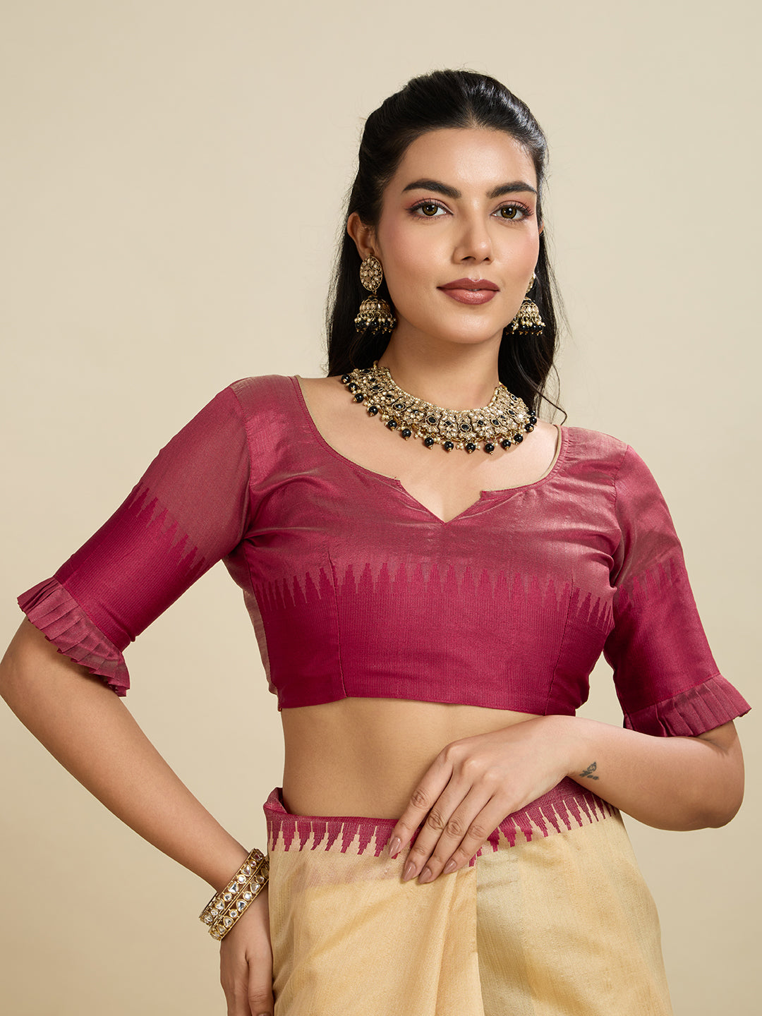 Oat Cream Soft Raw Silk Saree With Contrast Border