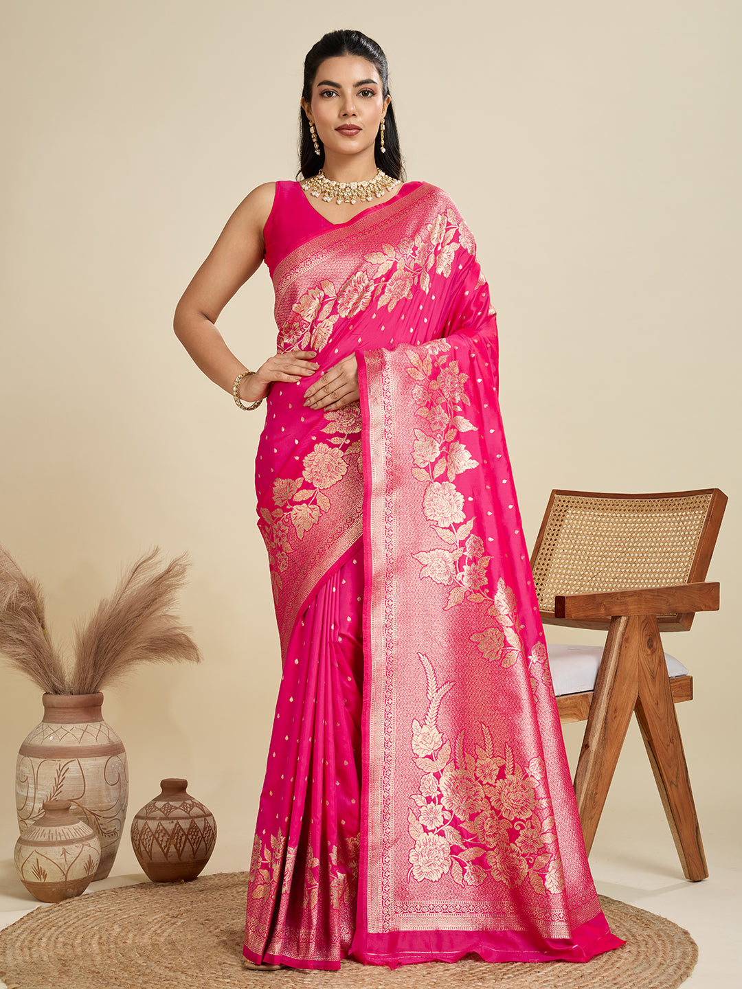 Magenta Pink Zari Woven Soft Kanjivaram Designer Silk Saree