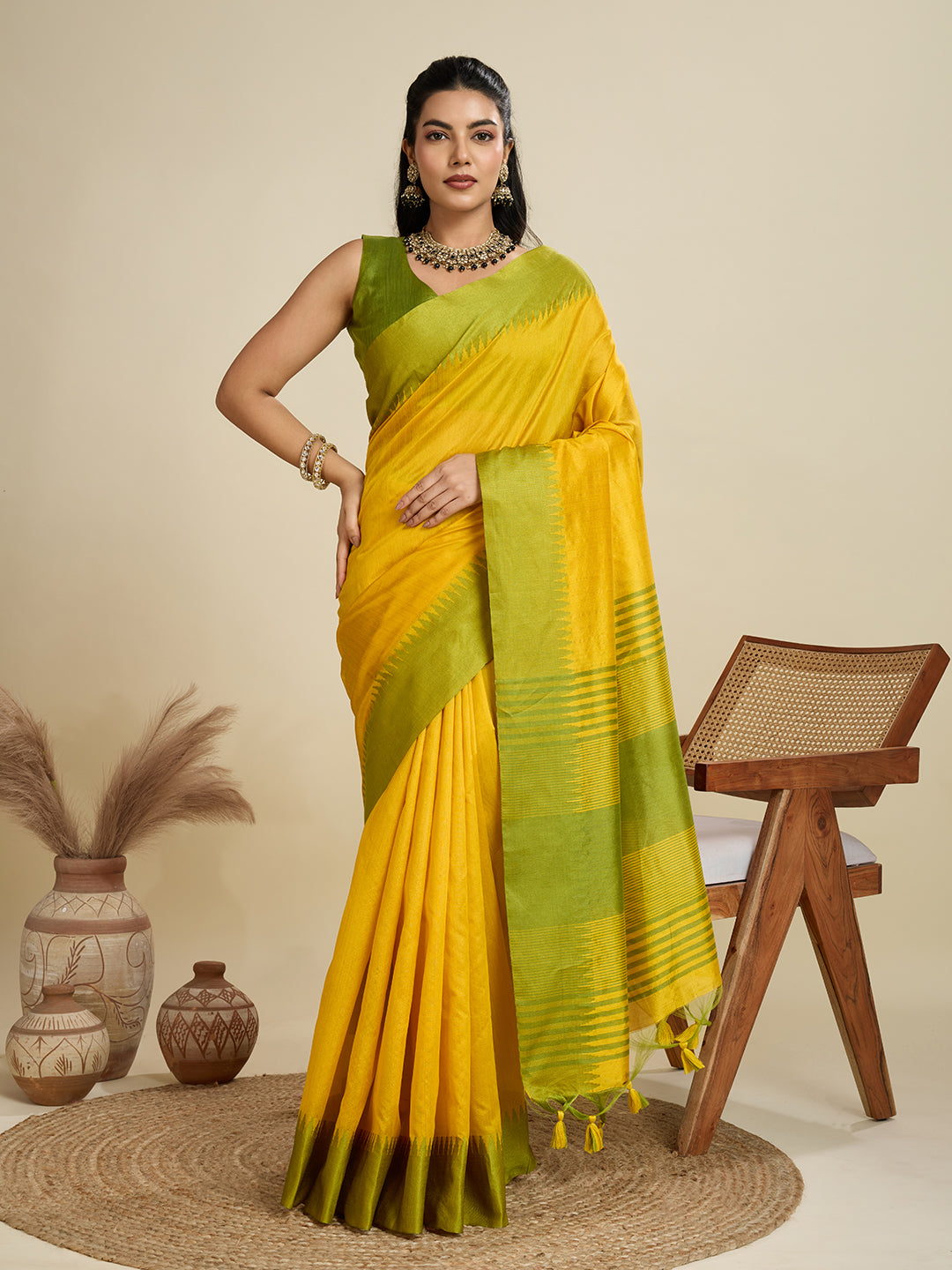 Citrine Yellow Soft Raw Silk Saree With Contrast Border