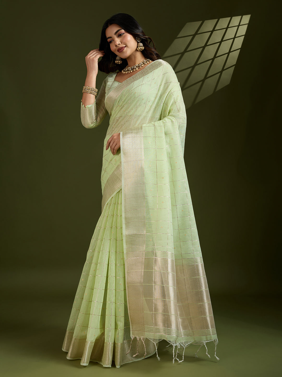 Pista Green Linen Tissue Silk Saree