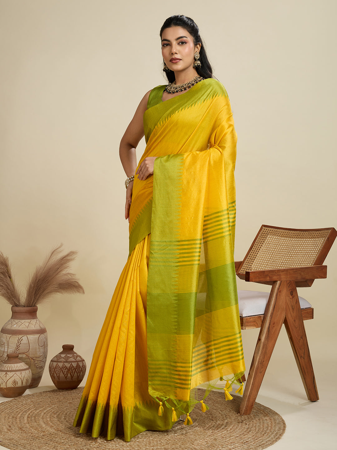 Citrine Yellow Soft Raw Silk Saree With Contrast Border