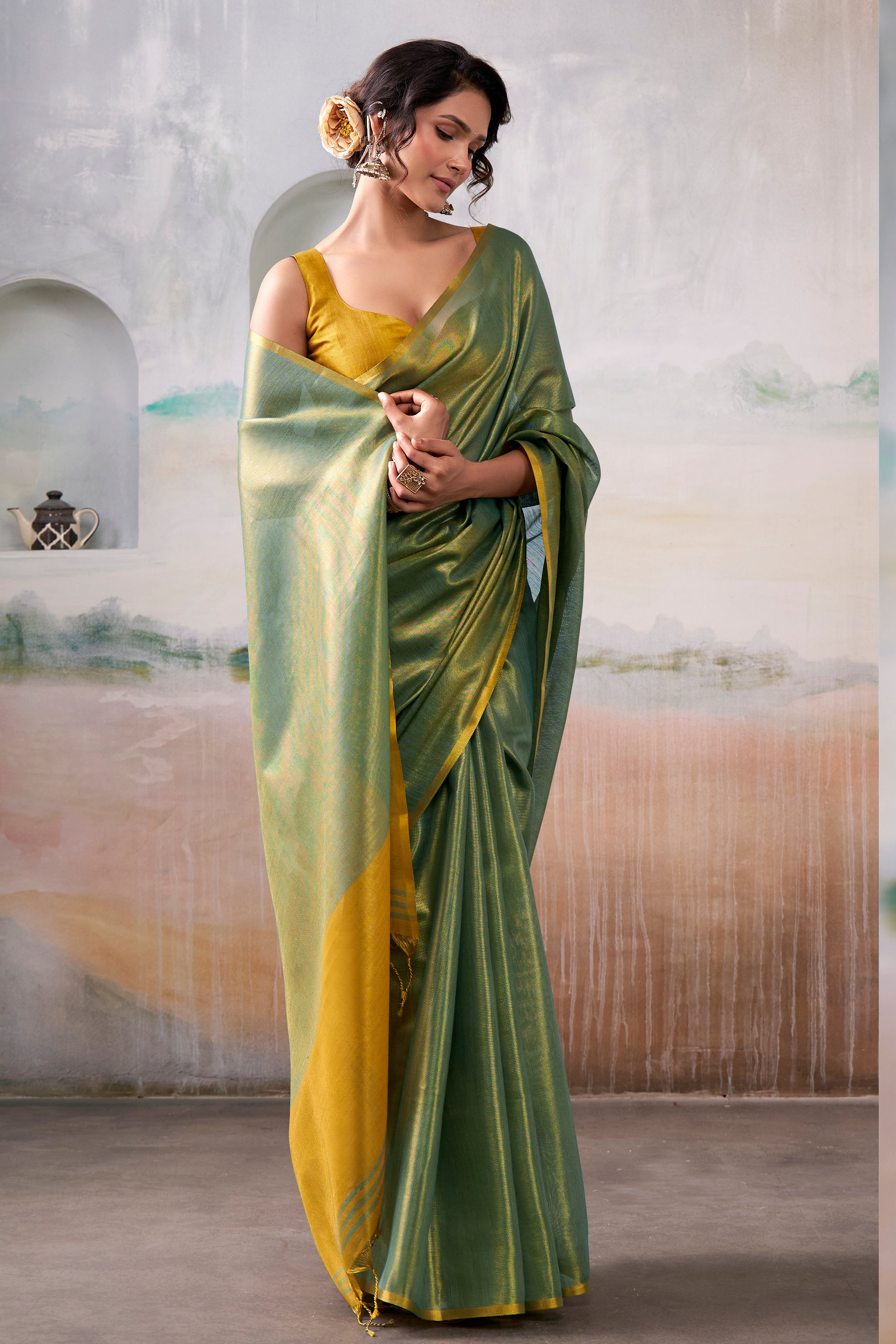 Lime Green Woven Tissue Soft Silk Saree