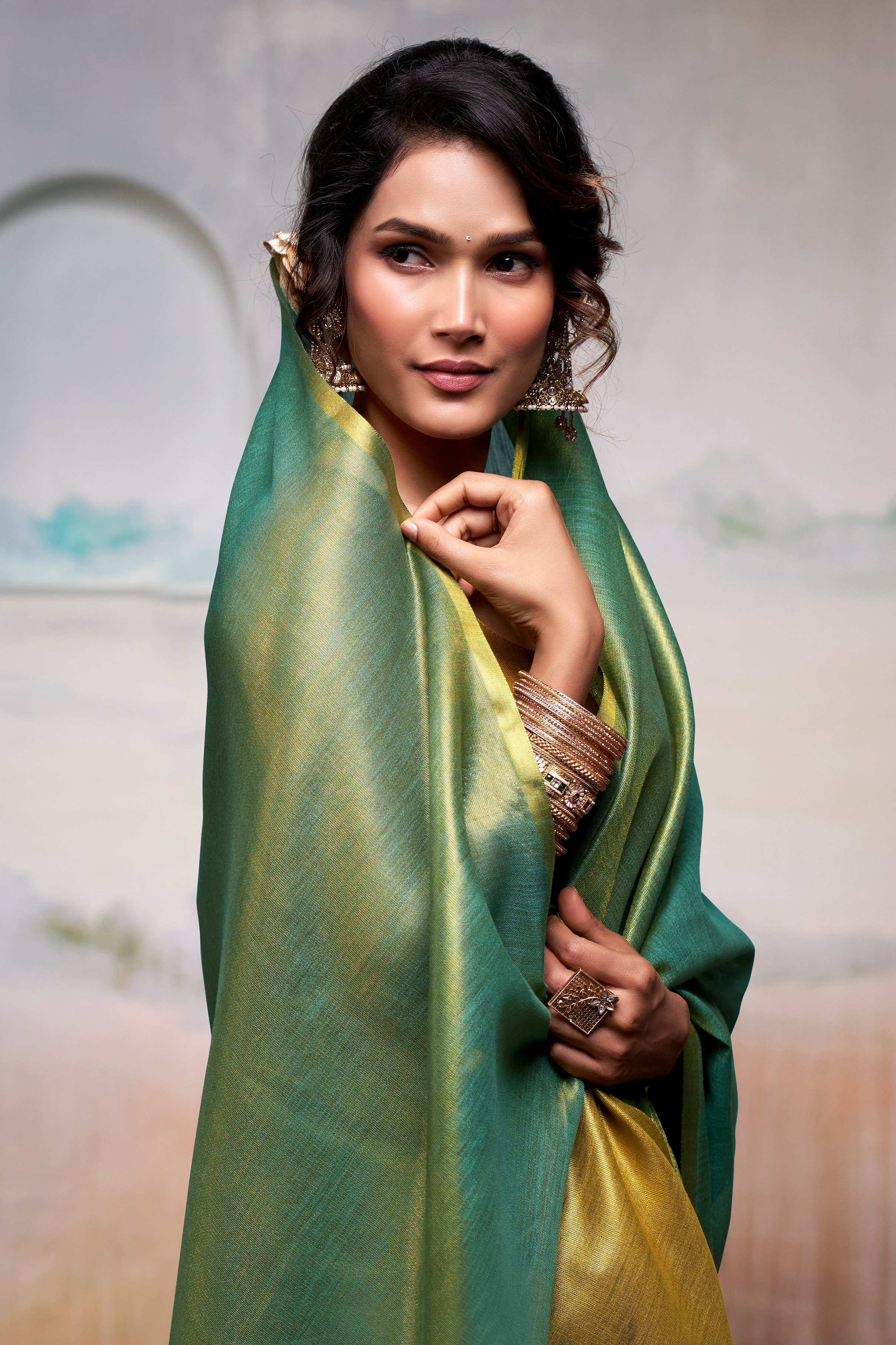 Lime Green Woven Tissue Soft Silk Saree