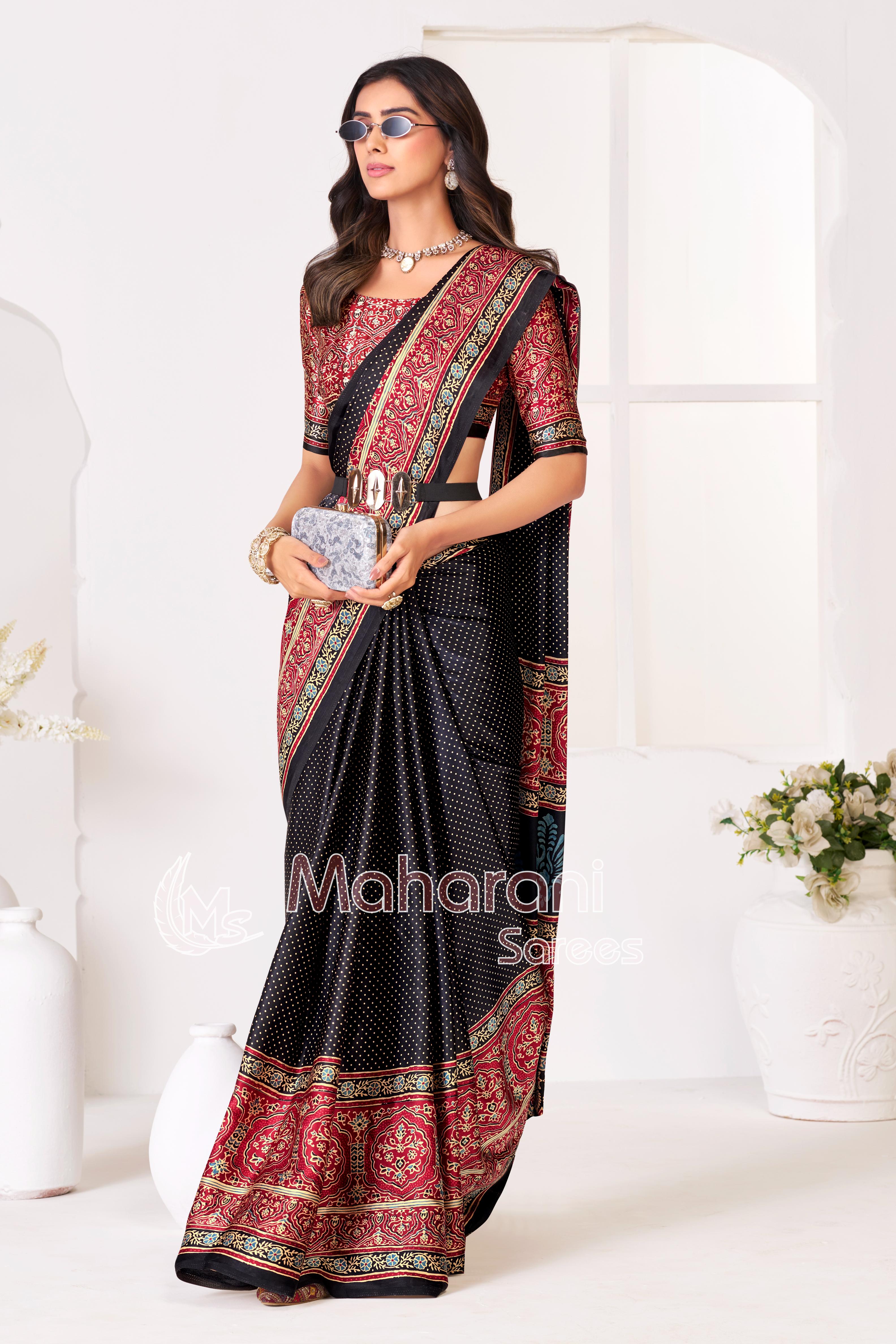 Black Ajrakh Printed Modal Silk Saree With Ajrakh Blouse