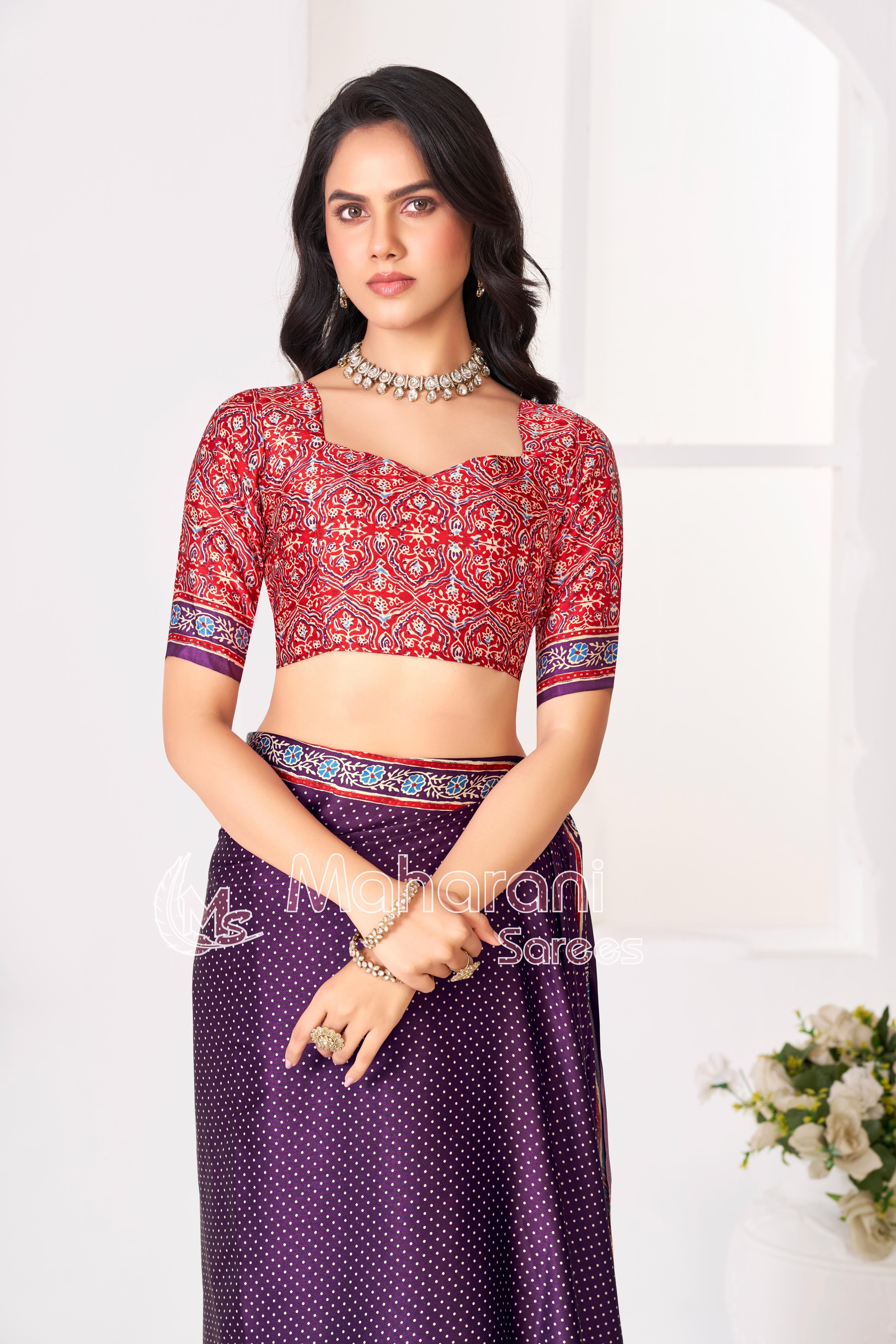 Purple Ajrakh Printed Modal Silk Saree With Ajrakh Blouse