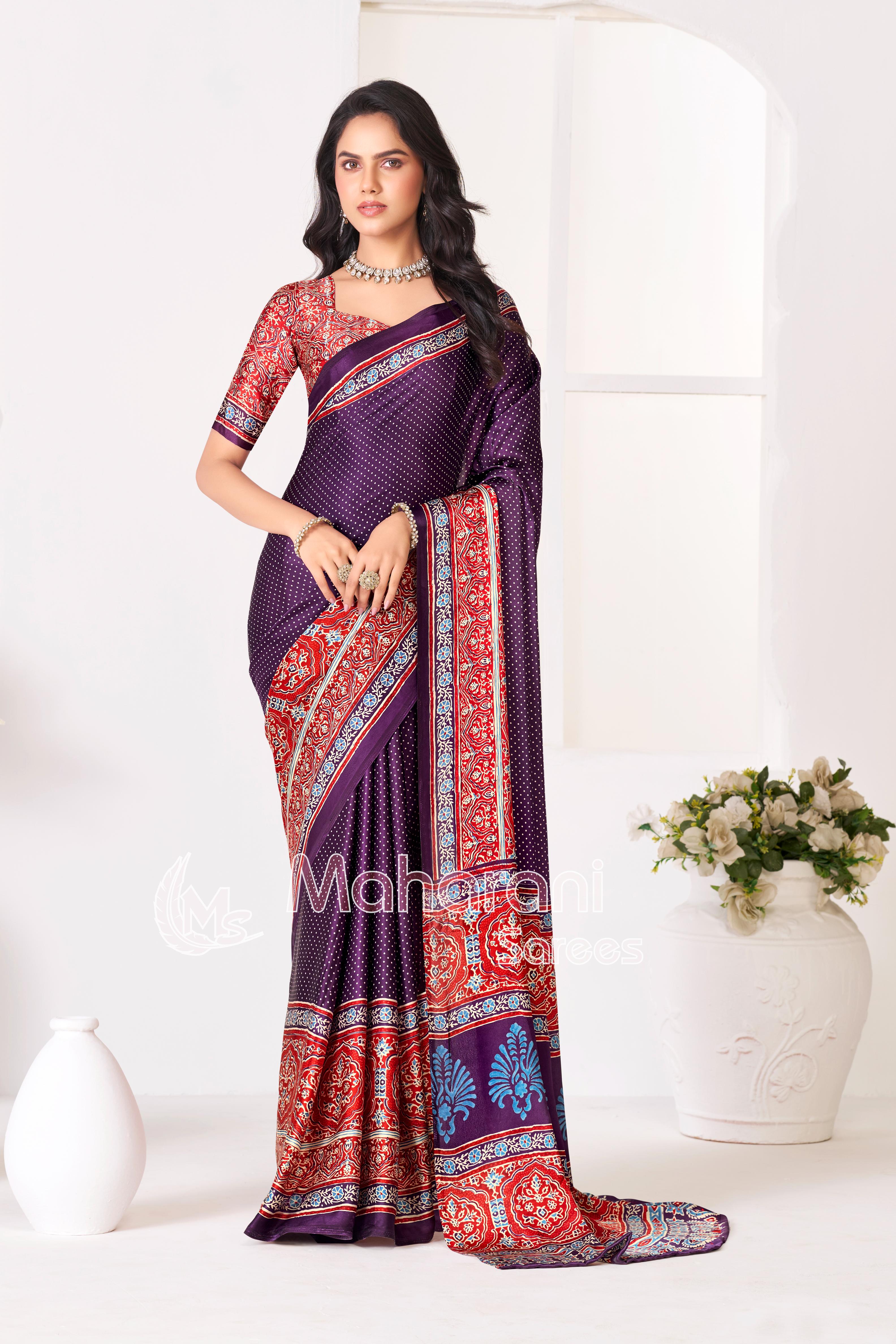 Purple Ajrakh Printed Modal Silk Saree With Ajrakh Blouse