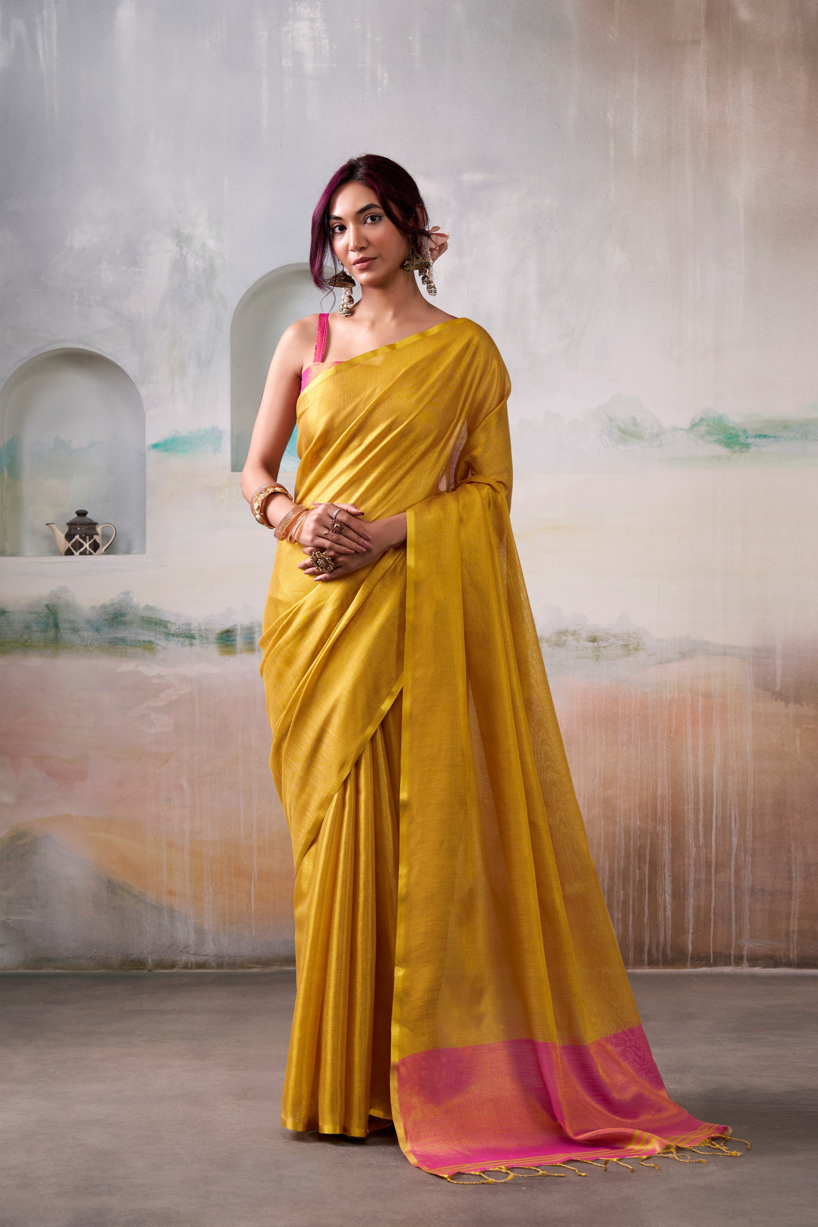 Mustard Yellow Woven Tissue Soft Silk Saree