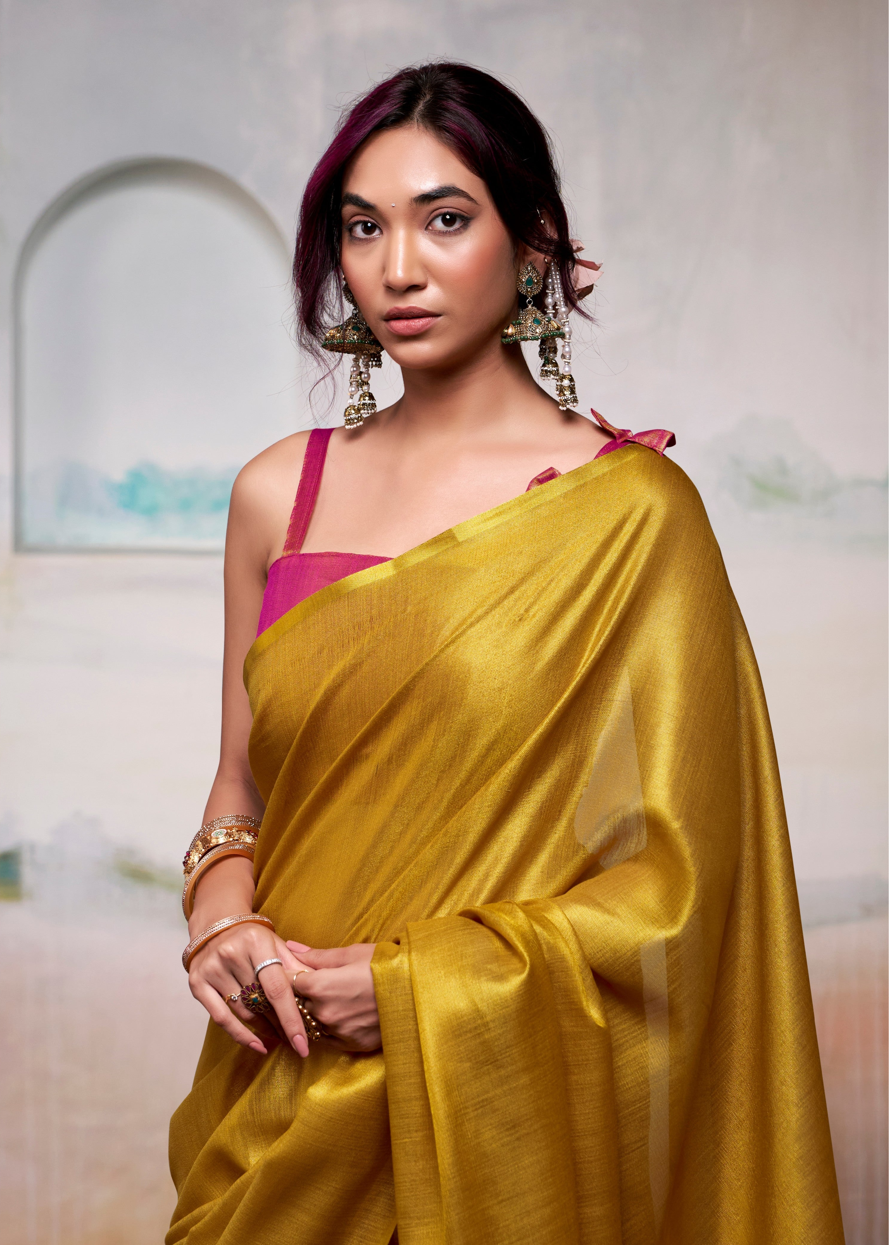 Mustard Yellow Woven Tissue Soft Silk Saree