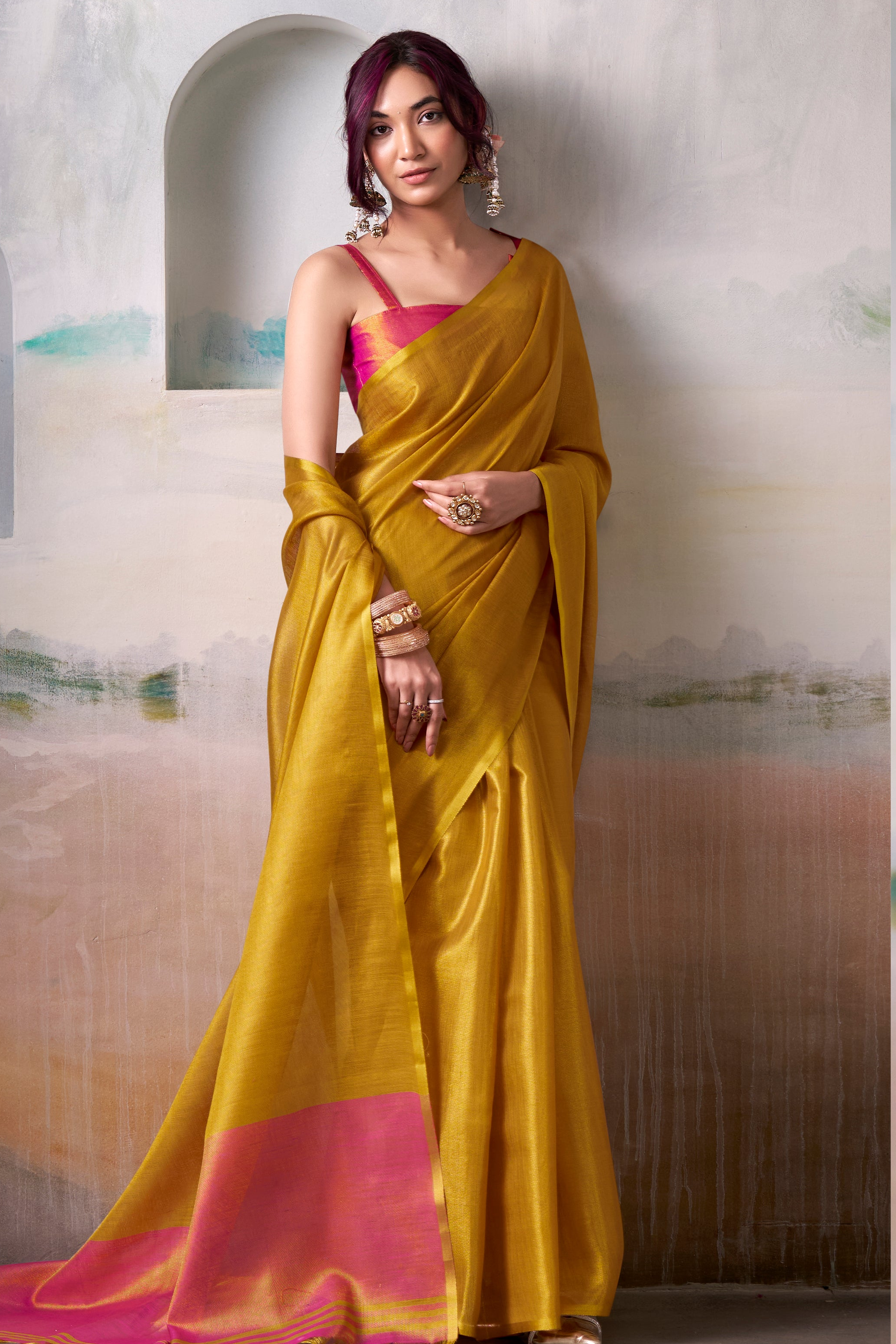 Mustard Yellow Woven Tissue Soft Silk Saree