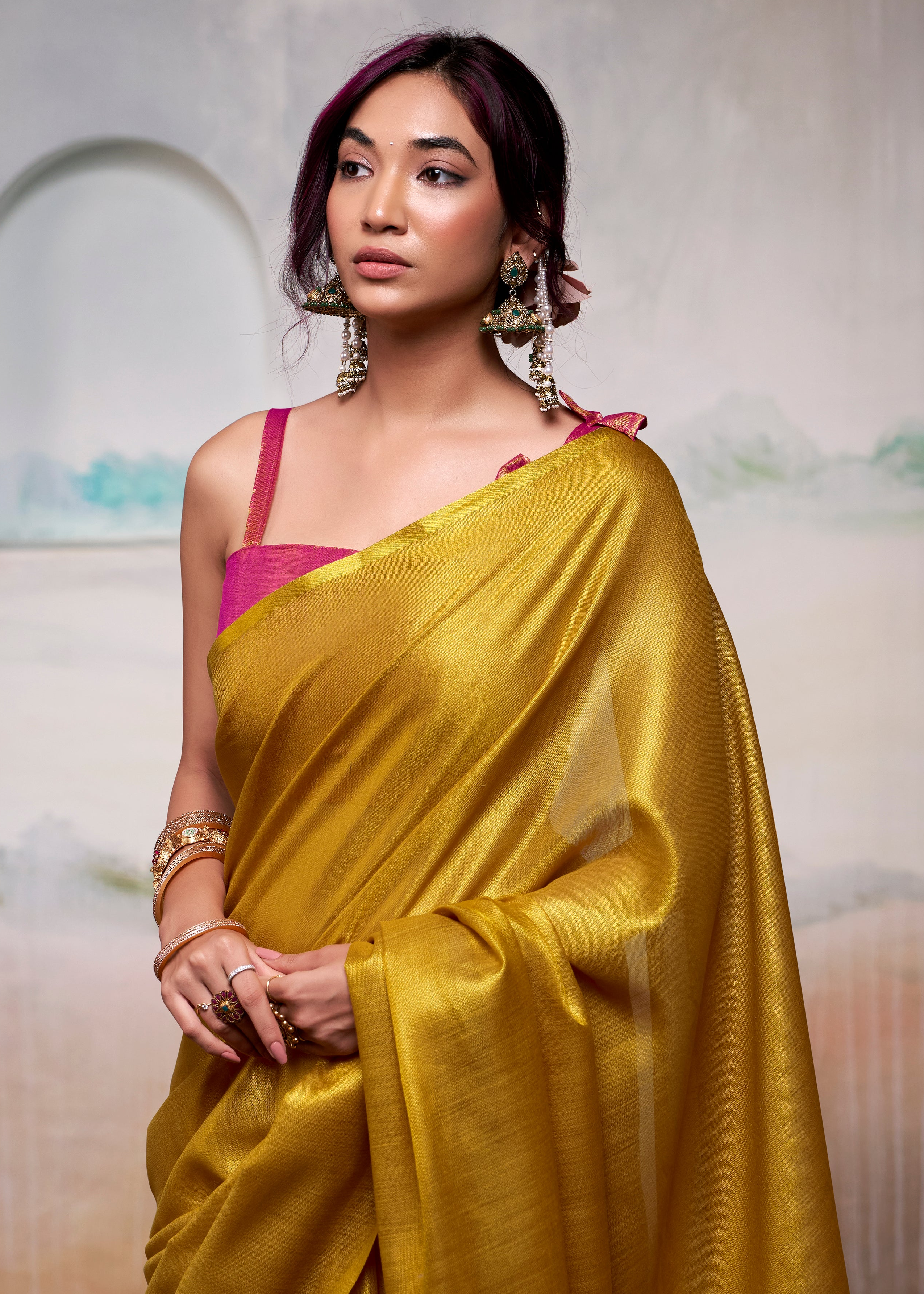 Mustard Yellow Woven Tissue Soft Silk Saree