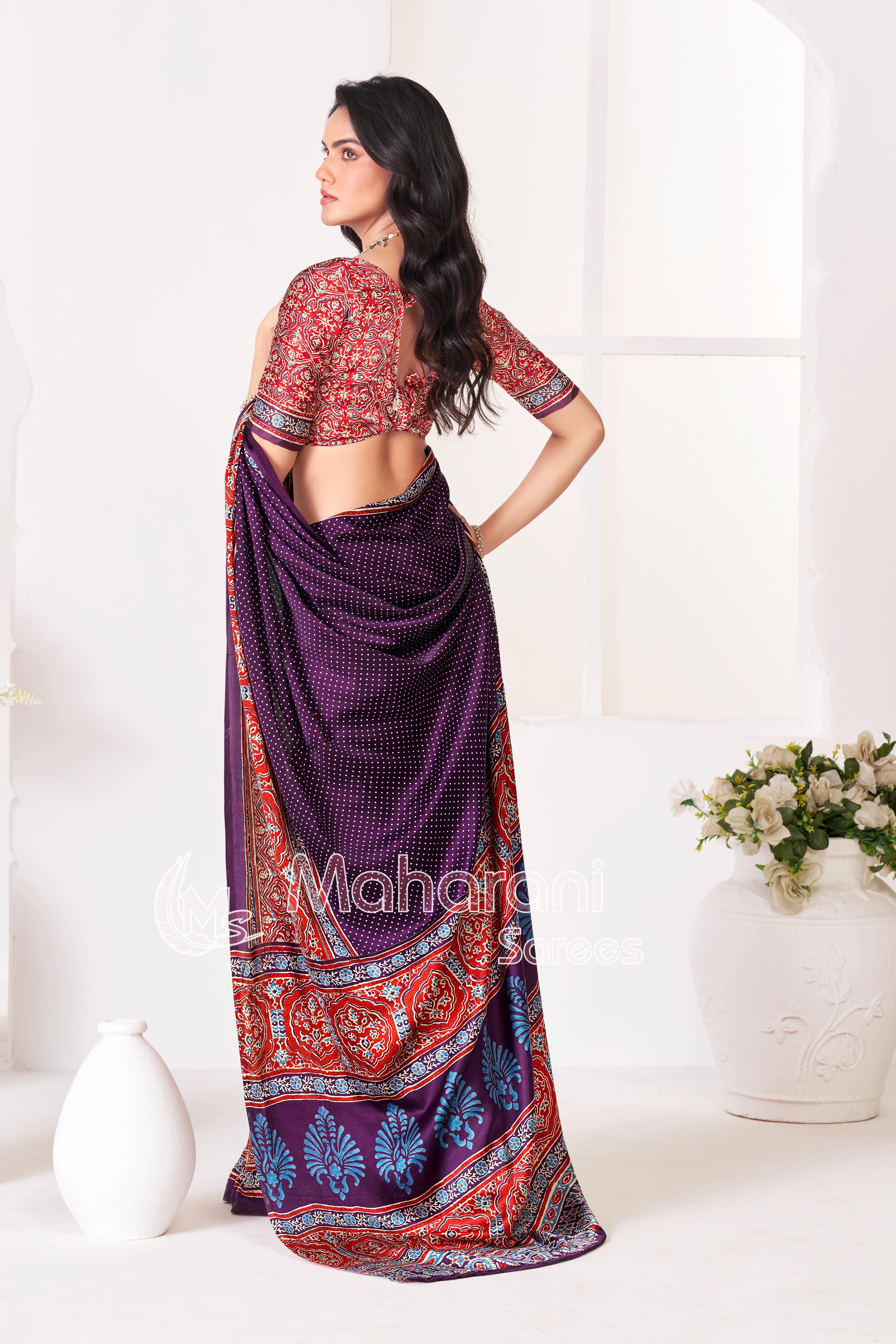 Purple Ajrakh Printed Modal Silk Saree With Ajrakh Blouse
