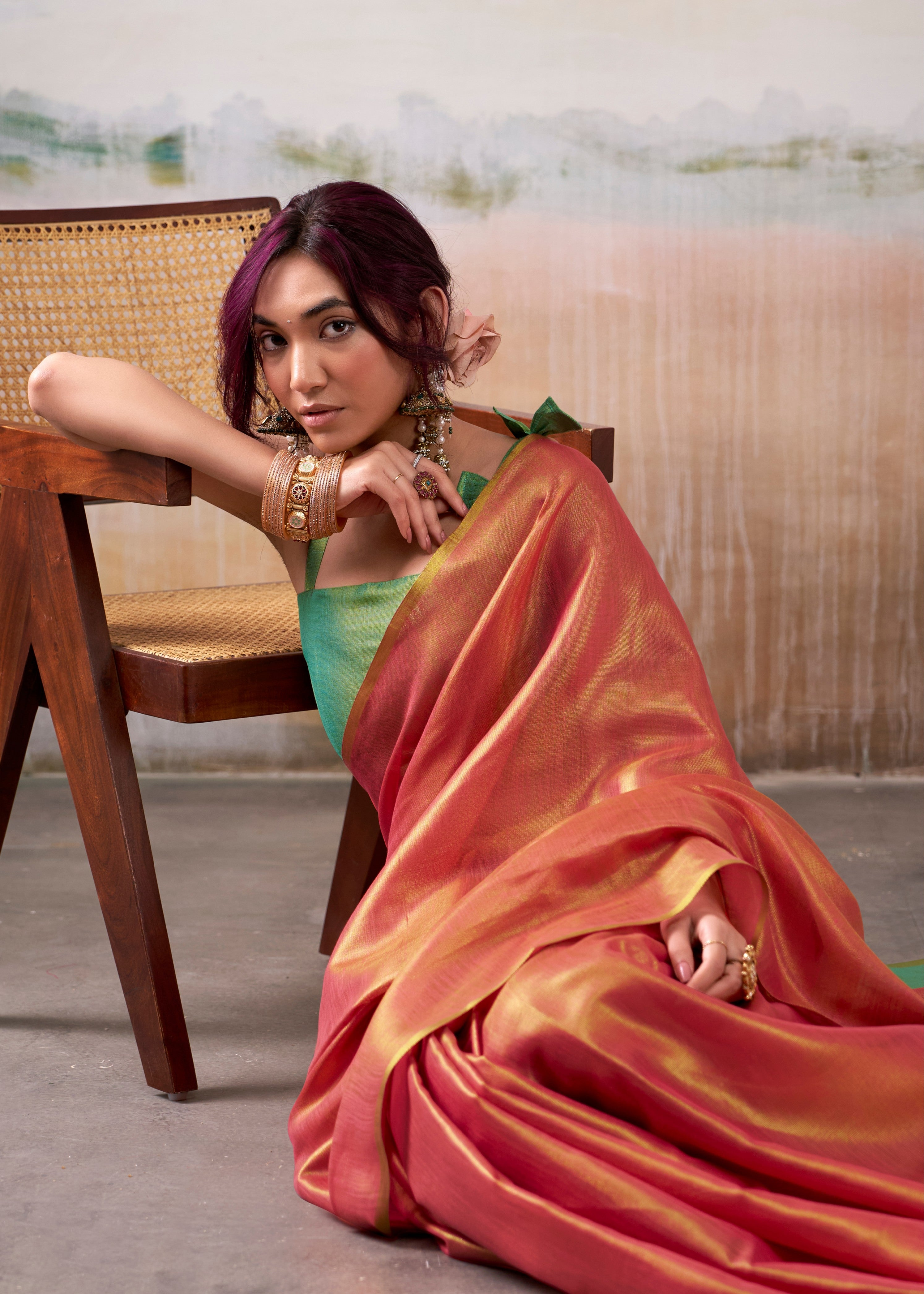 Persian Red Woven Tissue Soft Silk Saree