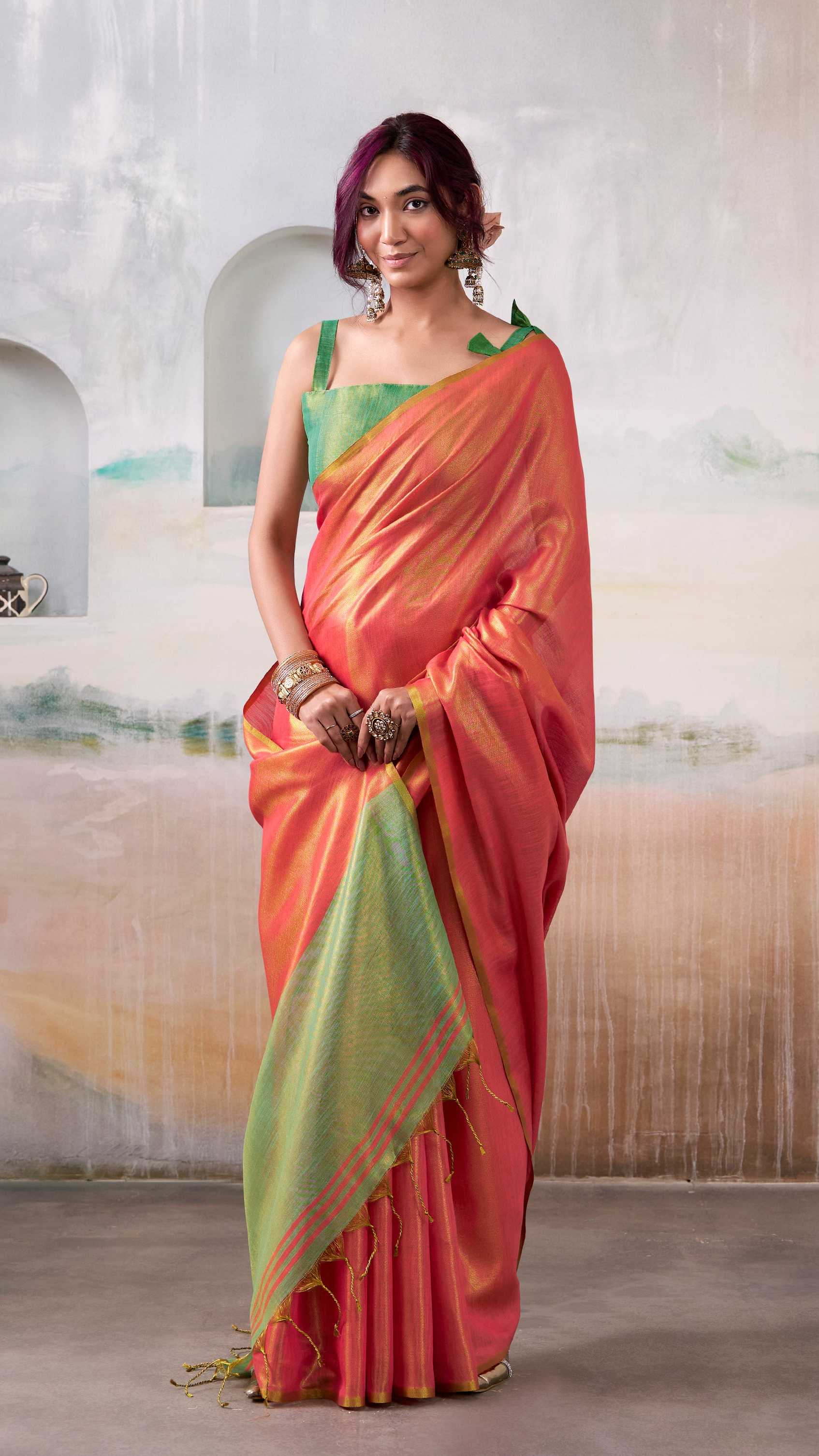 Persian Red Woven Tissue Soft Silk Saree