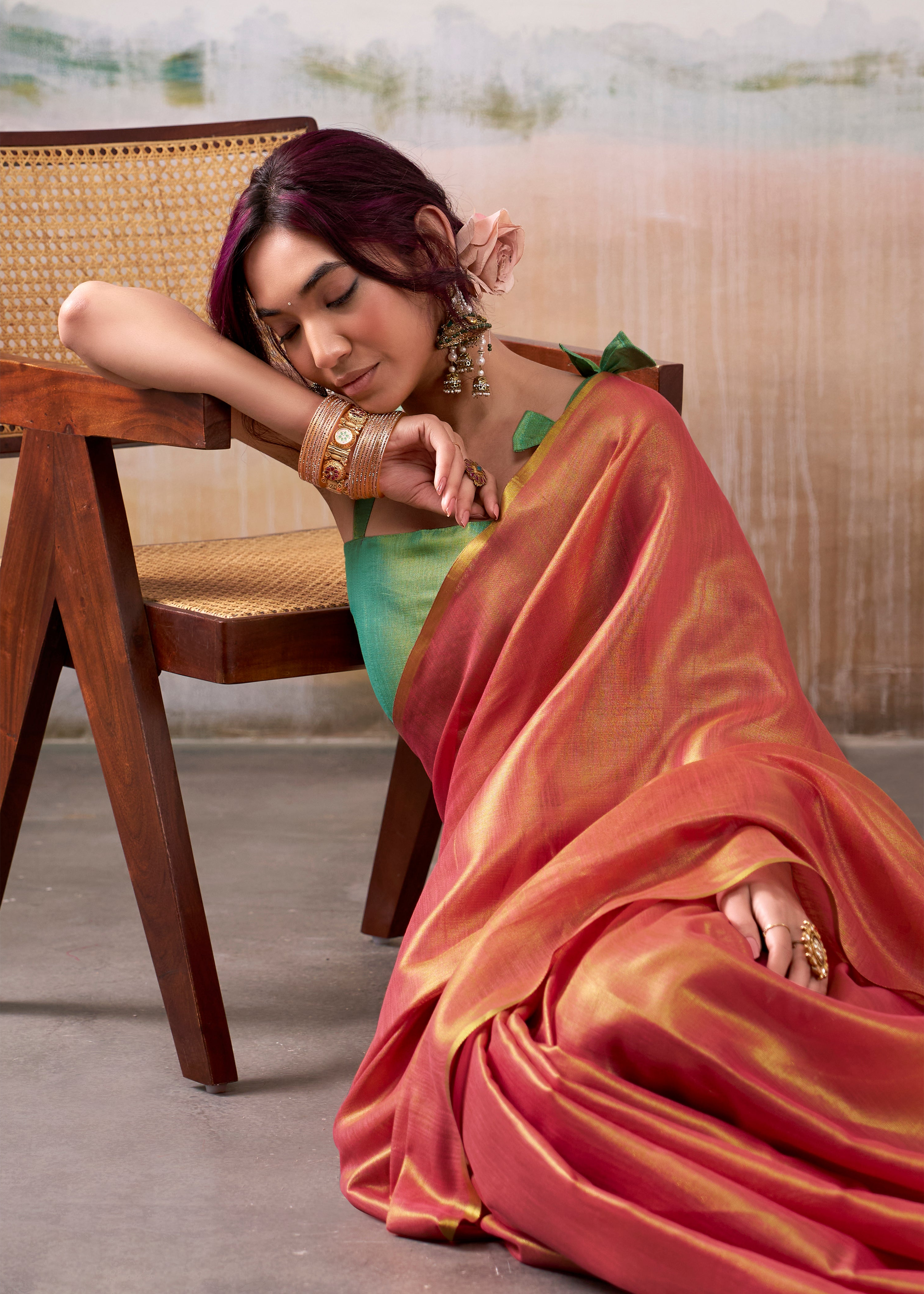 Persian Red Woven Tissue Soft Silk Saree