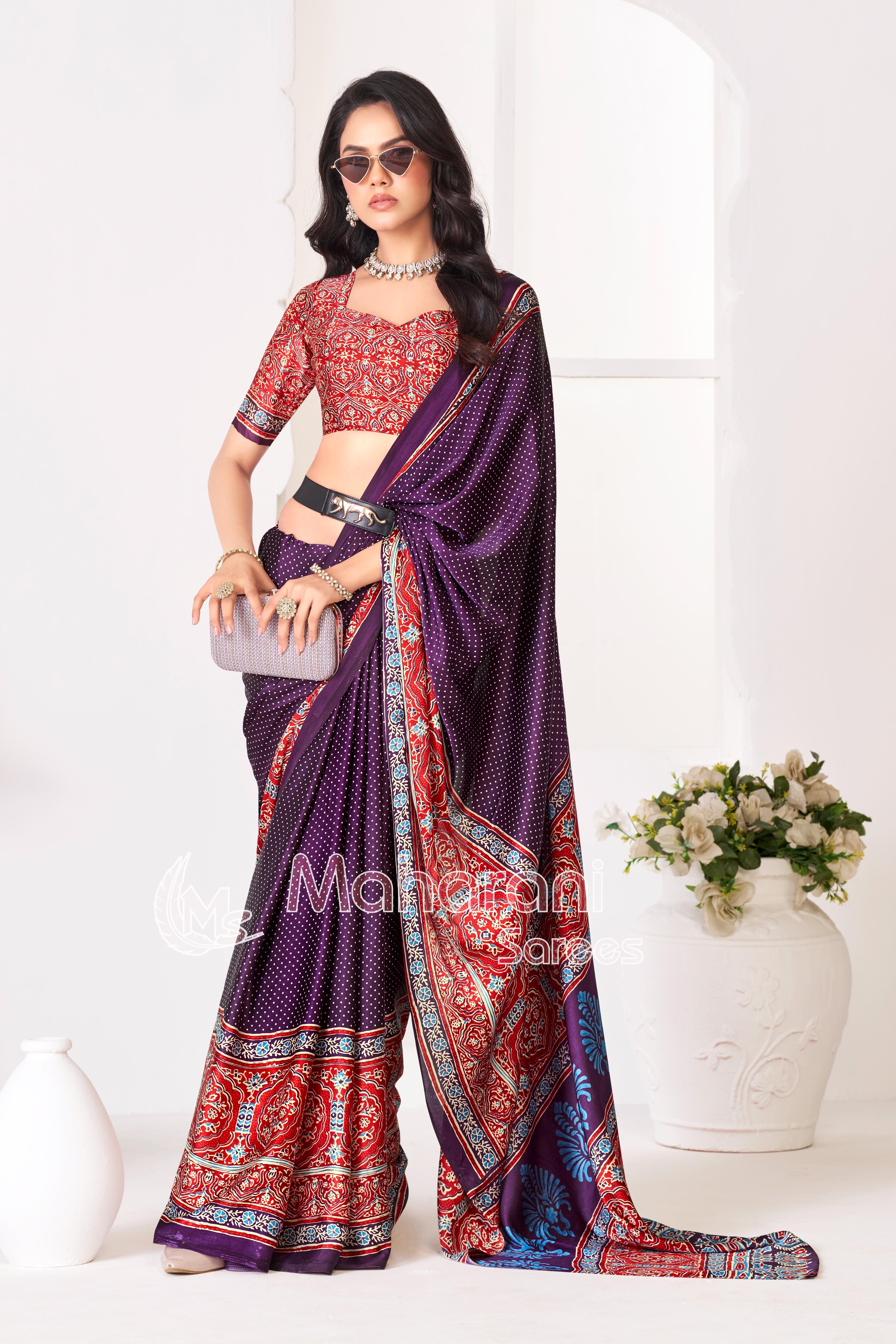 Purple Ajrakh Printed Modal Silk Saree With Ajrakh Blouse