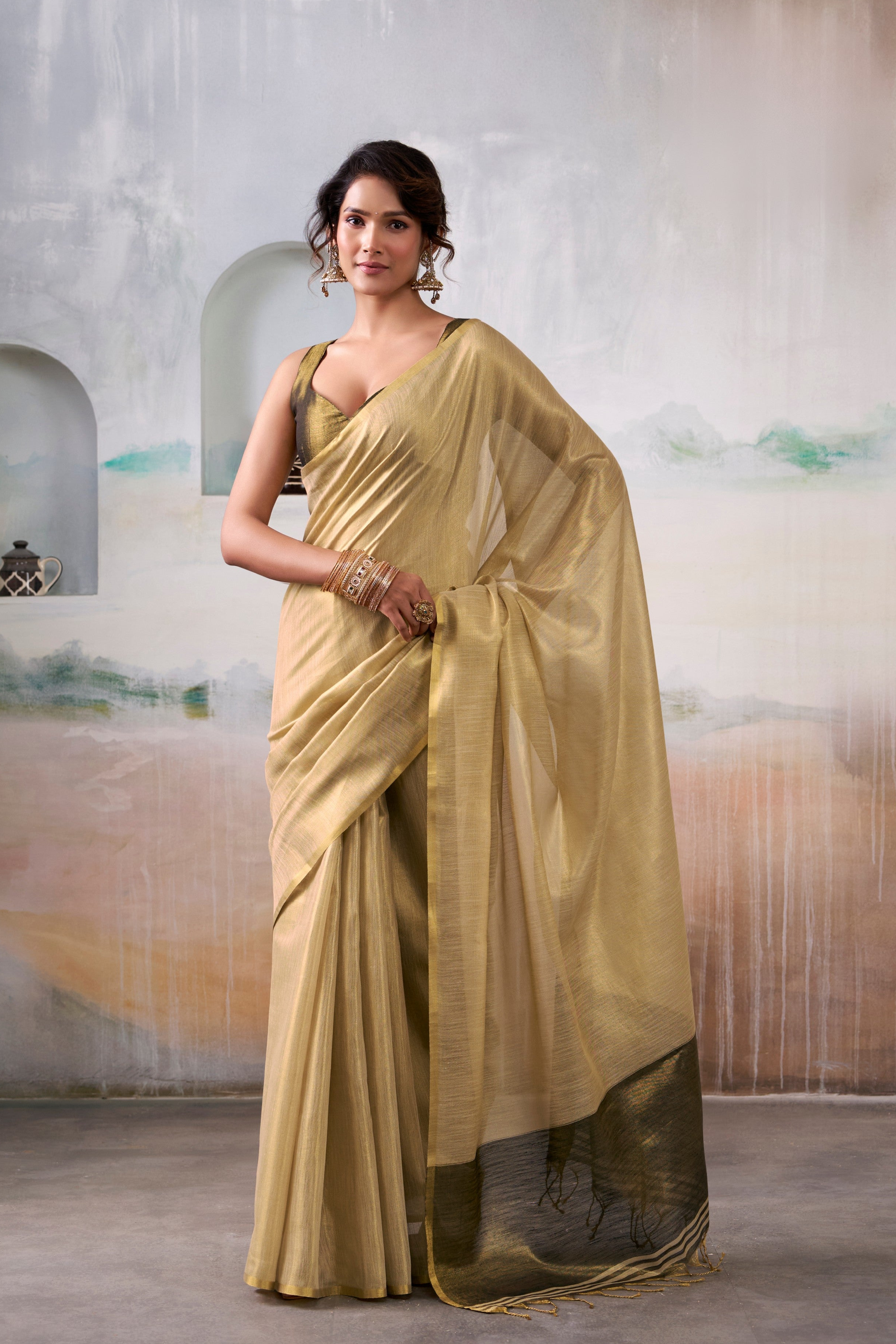 Fawn Brown Woven Tissue Soft Silk Saree