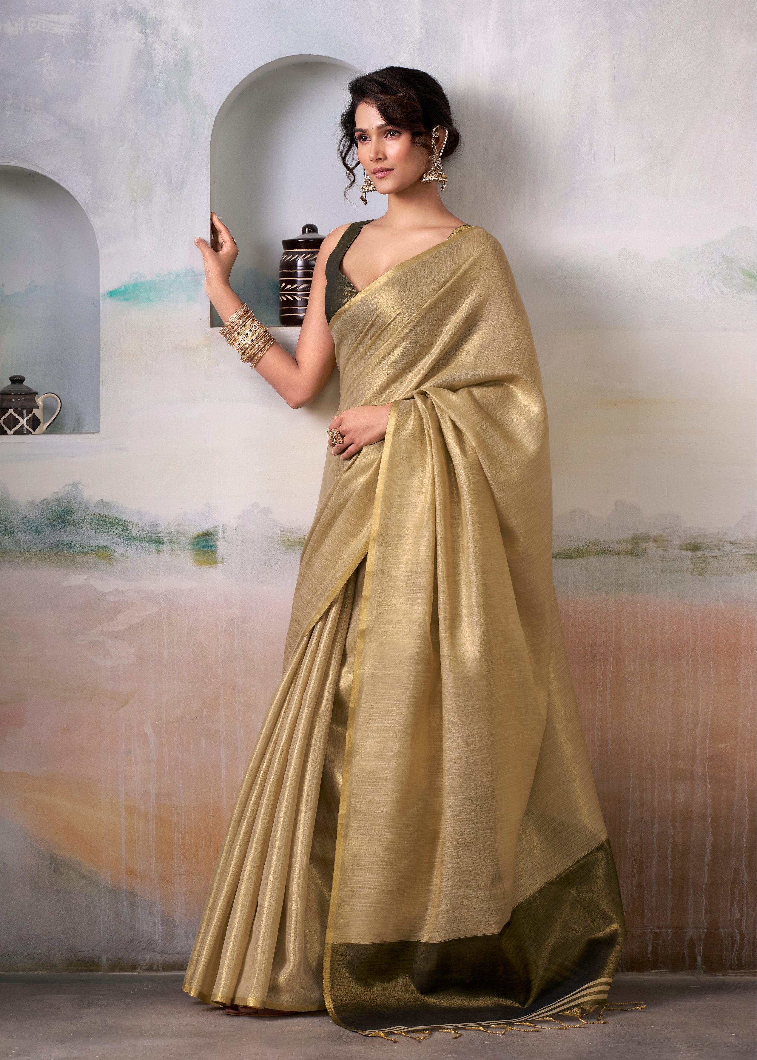 Fawn Brown Woven Tissue Soft Silk Saree