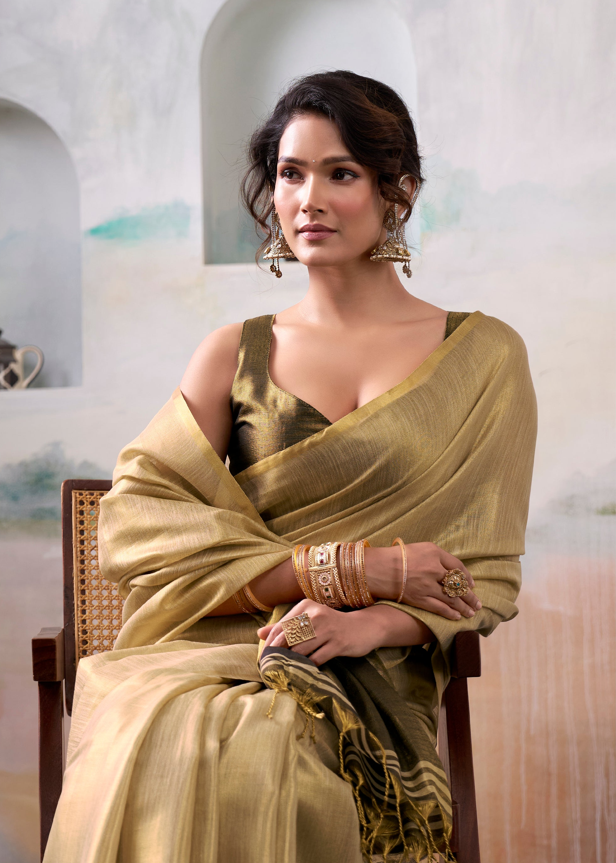 Fawn Brown Woven Tissue Soft Silk Saree