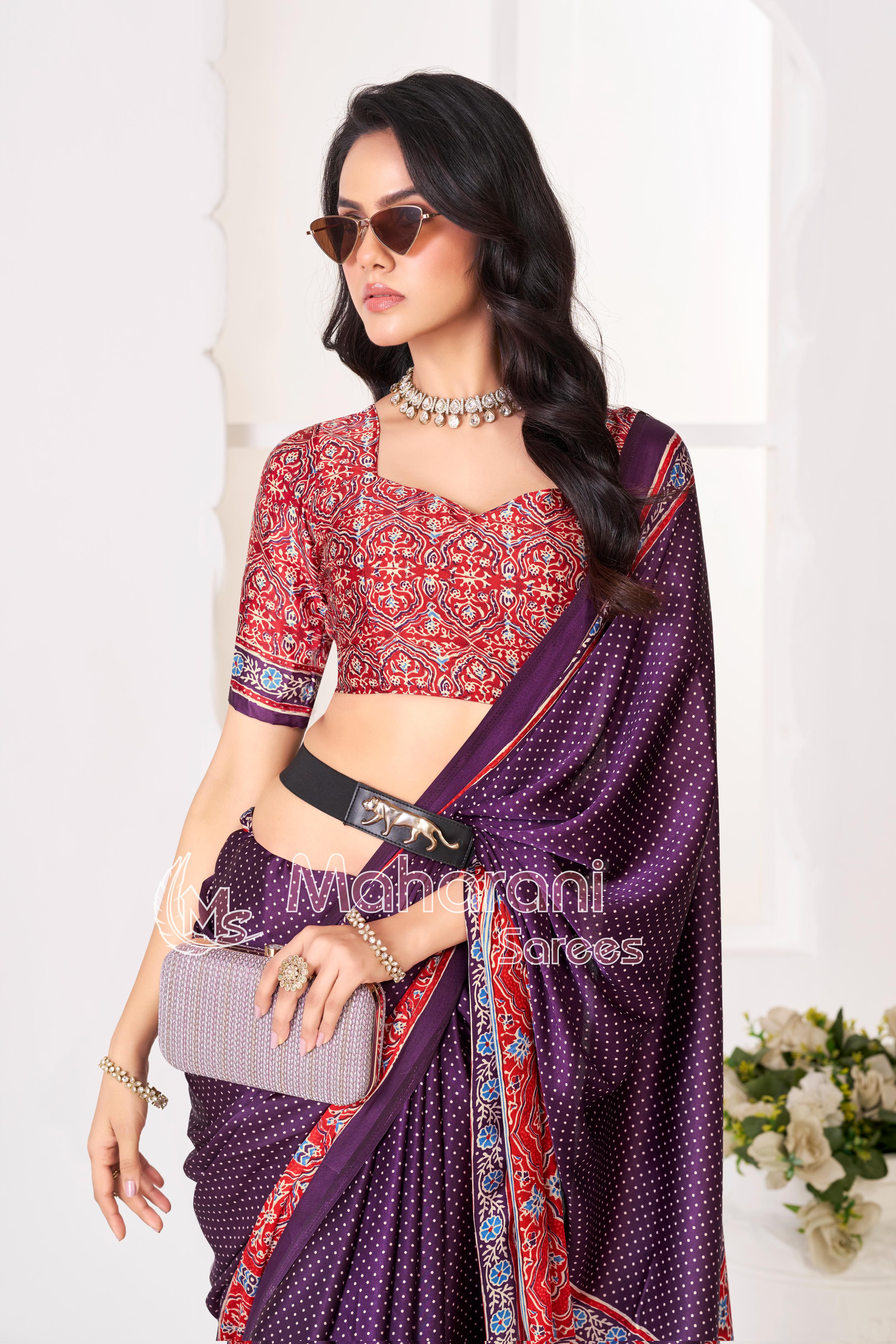 Purple Ajrakh Printed Modal Silk Saree With Ajrakh Blouse