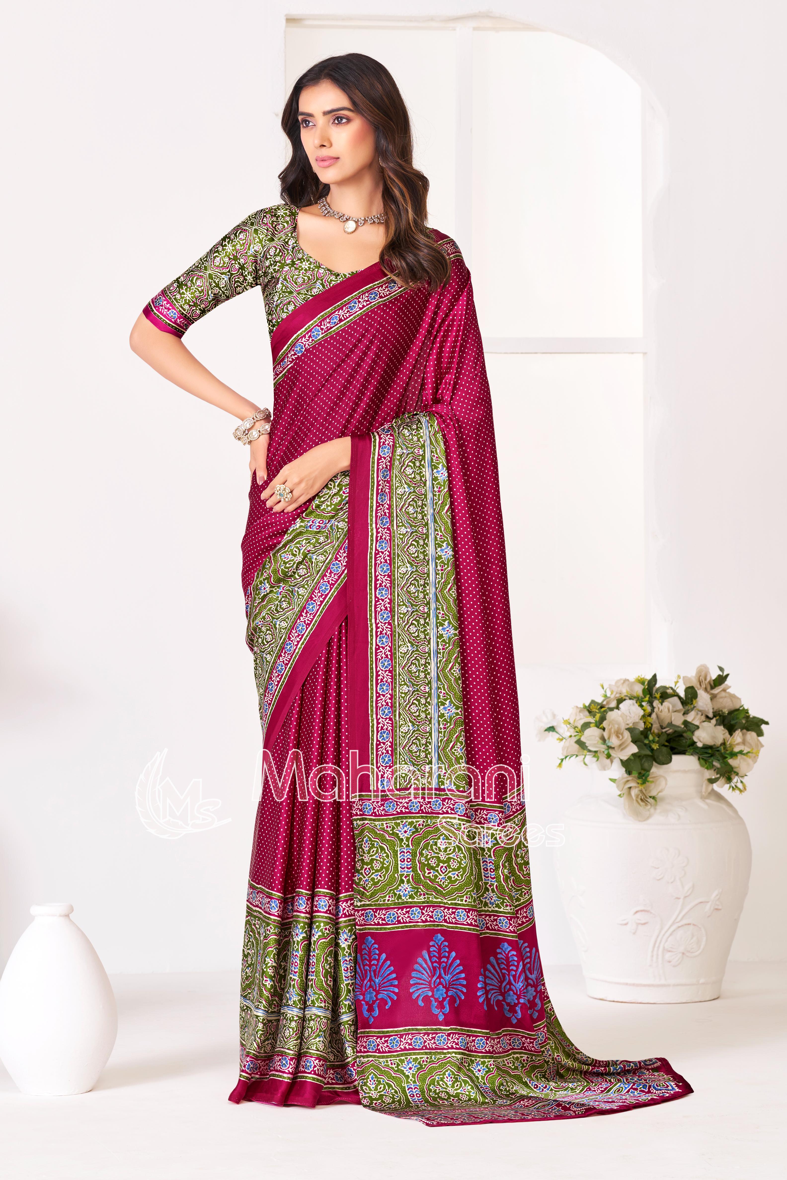 Rani Ajrakh Printed Modal Silk Saree With Ajrakh Blouse