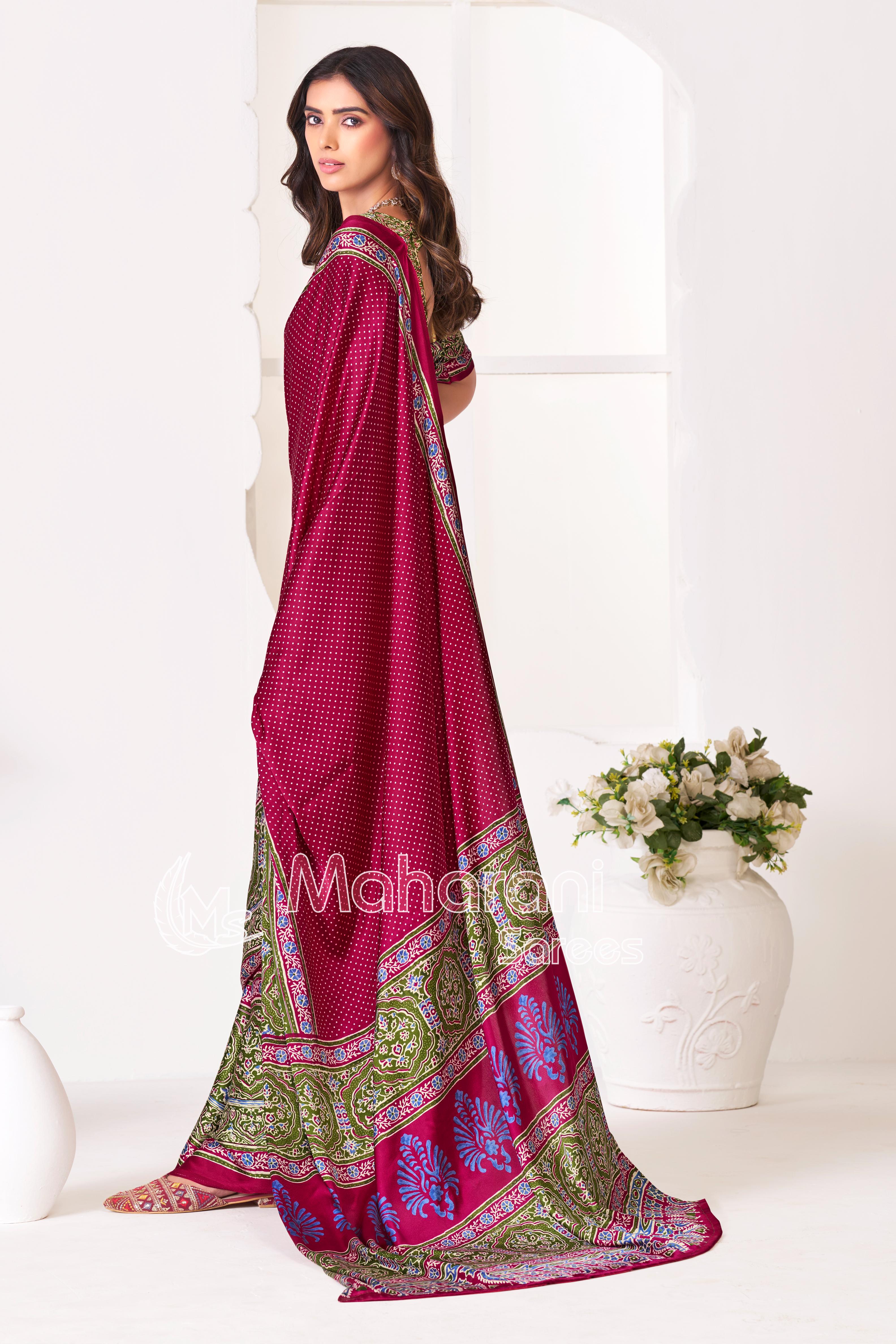 Rani Ajrakh Printed Modal Silk Saree With Ajrakh Blouse