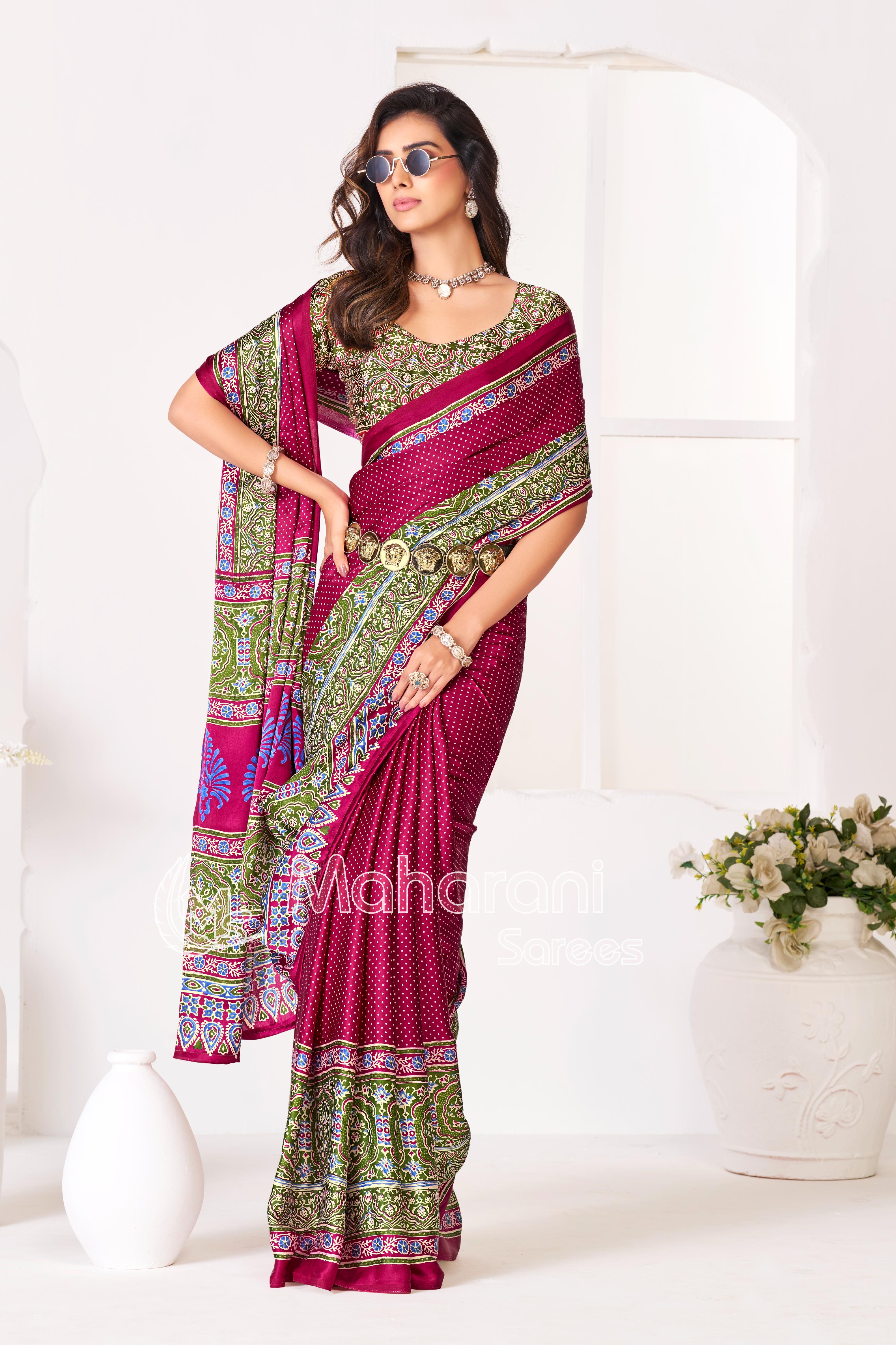 Wine Ajrakh Printed Modal Silk Saree With Ajrakh Blouse