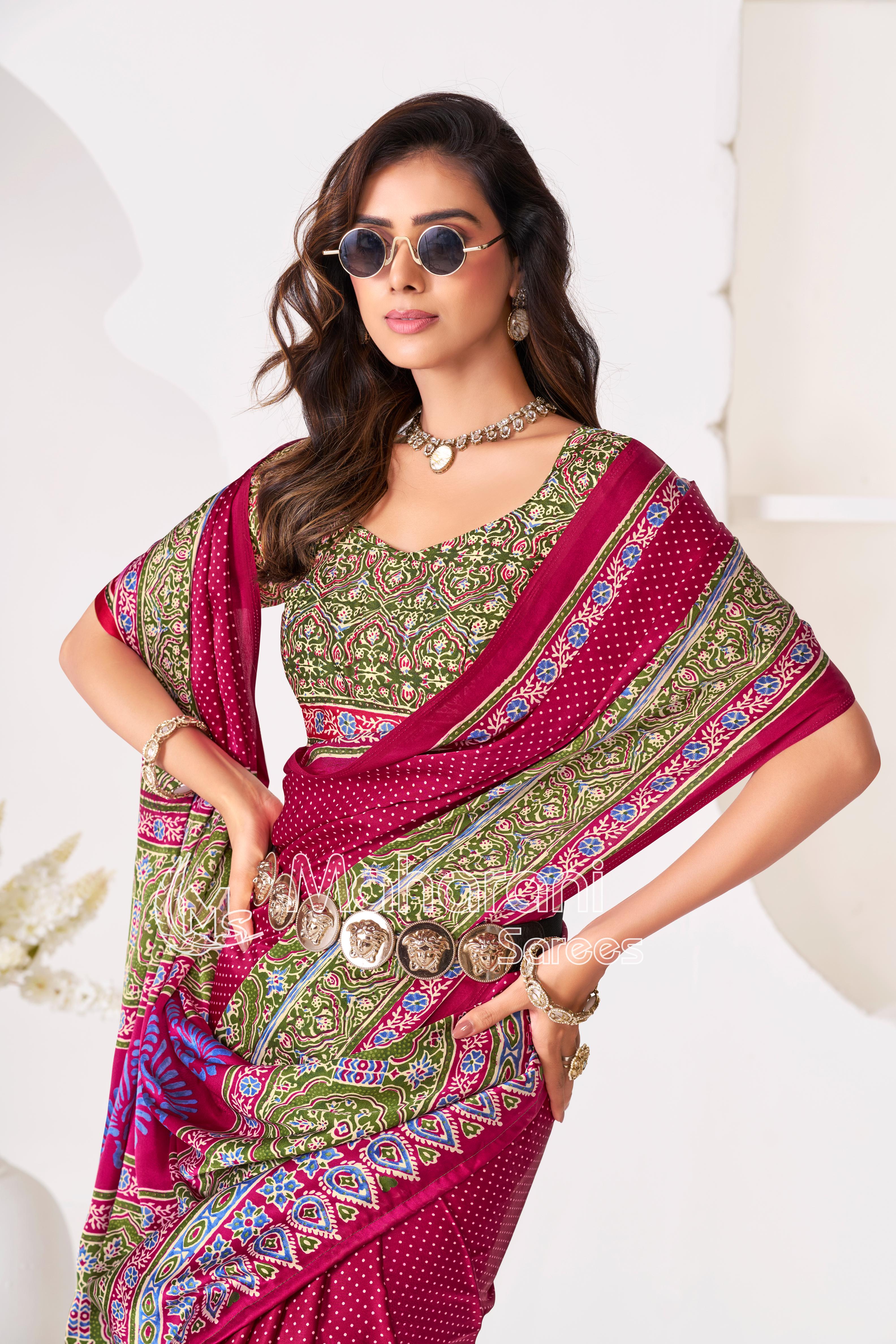 Wine Ajrakh Printed Modal Silk Saree With Ajrakh Blouse