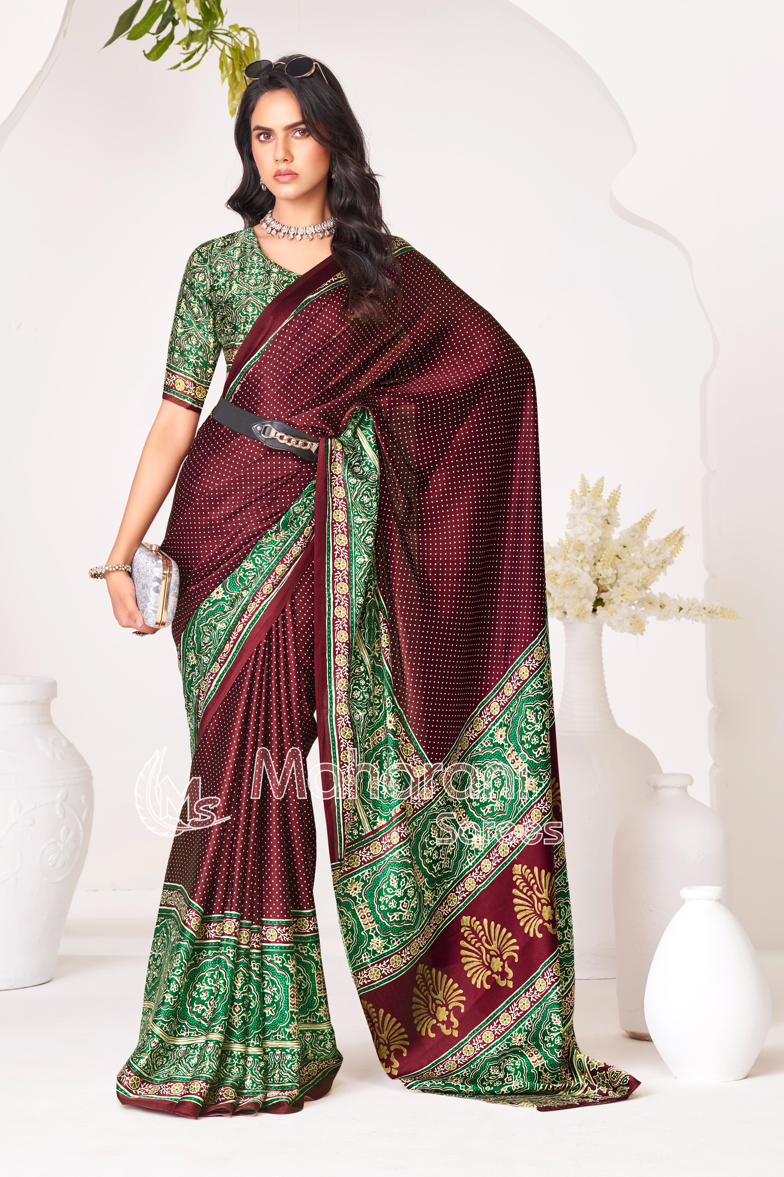 Wine Ajrakh Printed Modal Silk Saree With Ajrakh Blouse