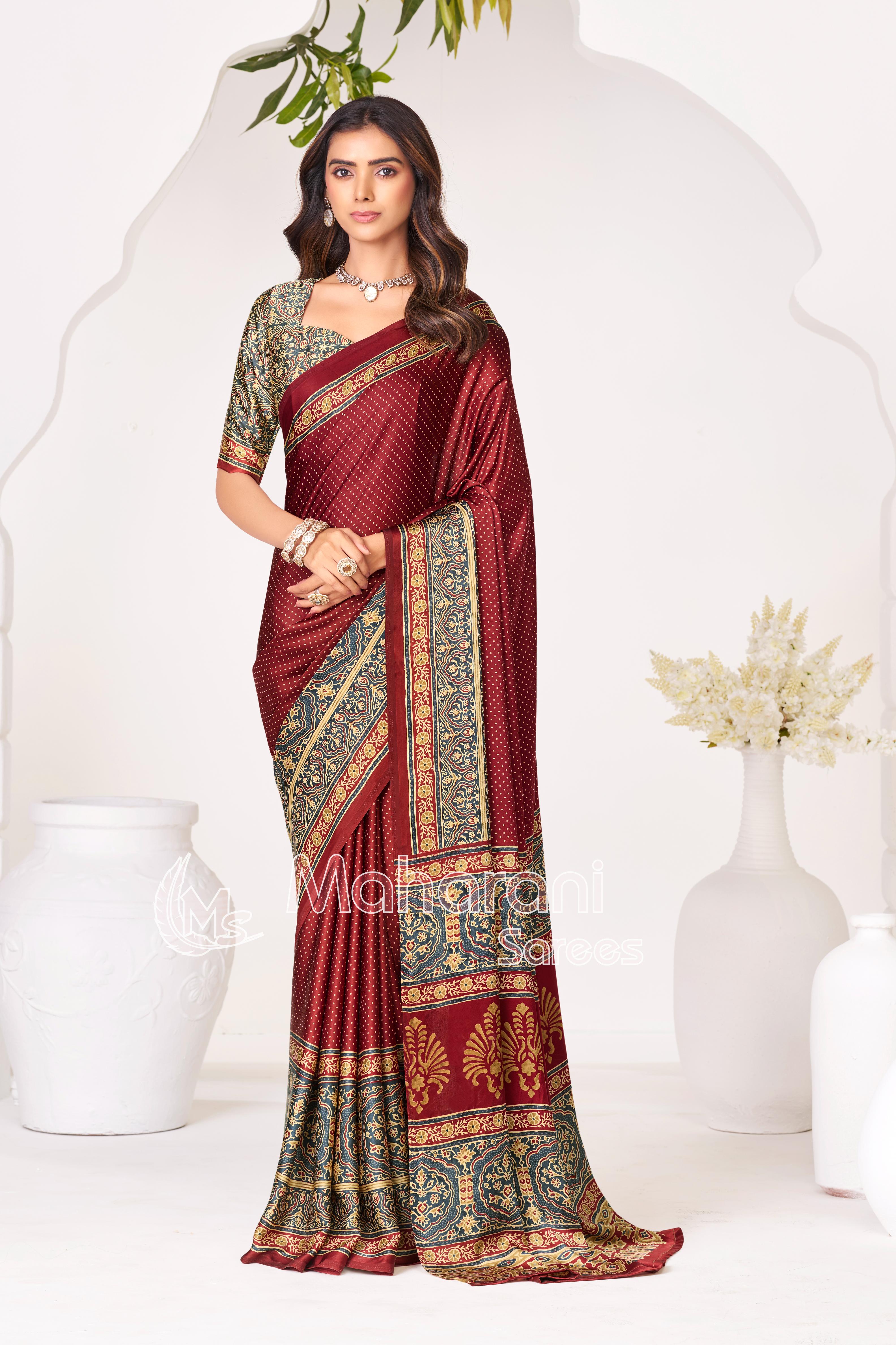 Maroon Ajrakh Printed Modal Silk Saree With Ajrakh Blouse