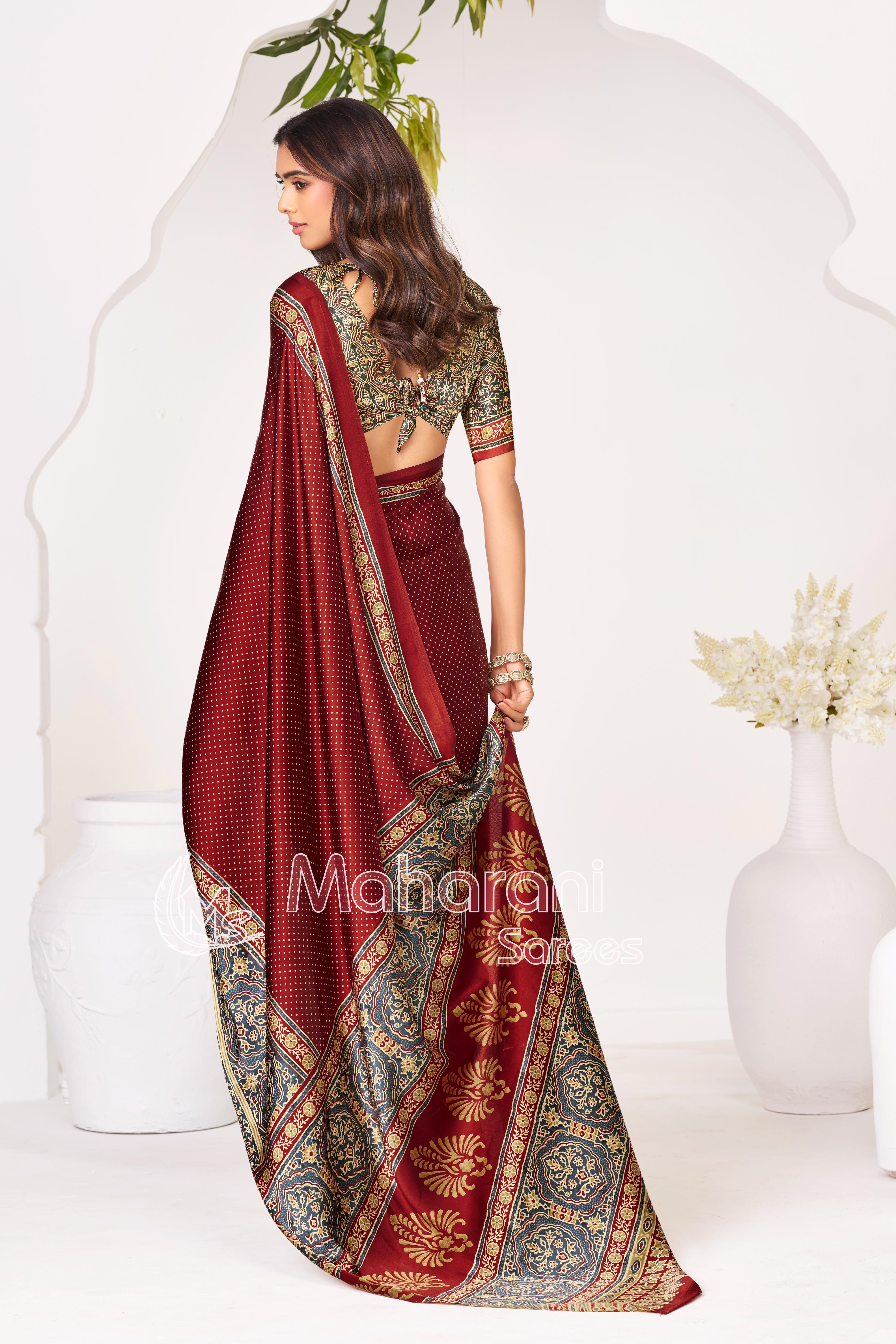 Maroon Ajrakh Printed Modal Silk Saree With Ajrakh Blouse