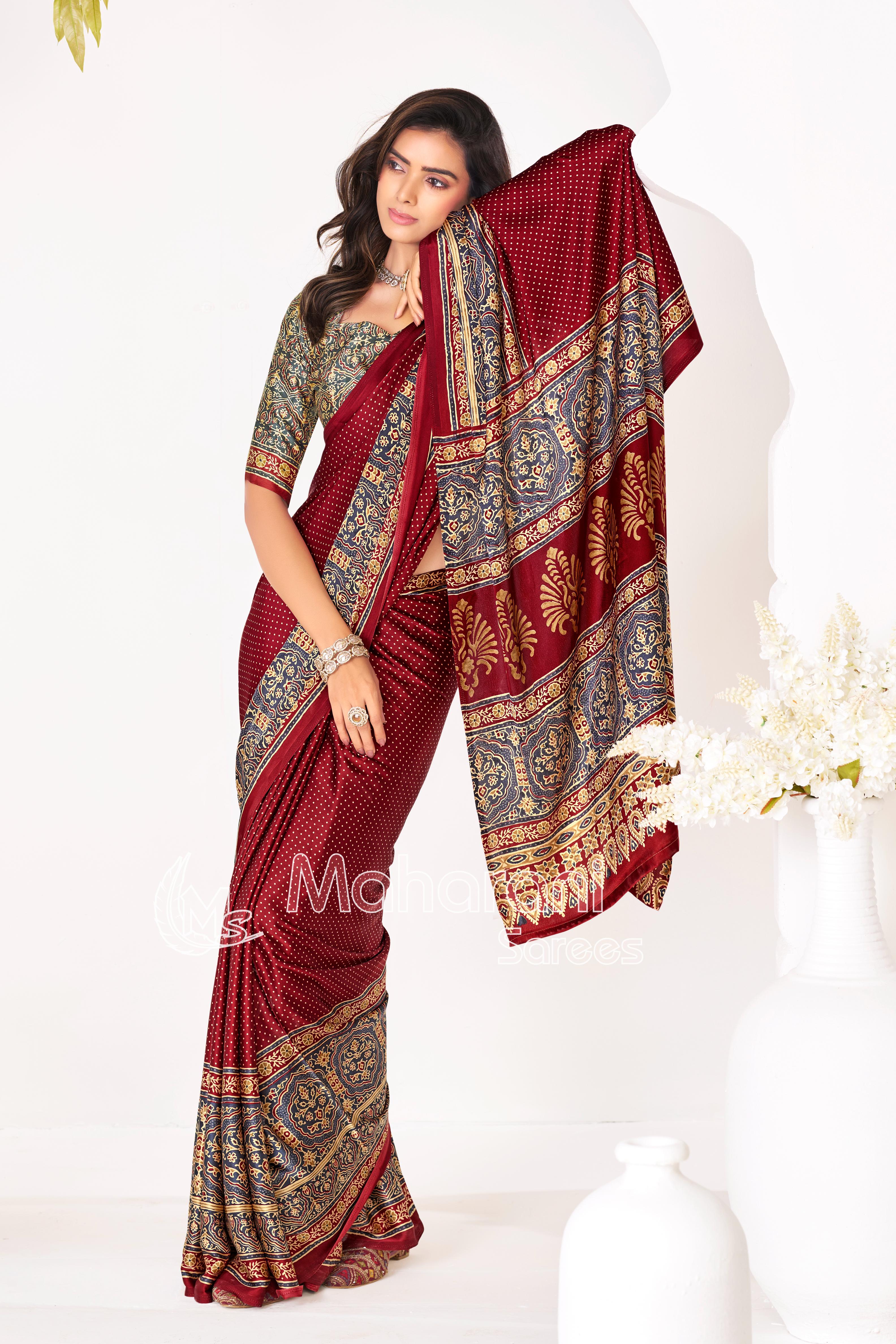 Maroon Ajrakh Printed Modal Silk Saree With Ajrakh Blouse