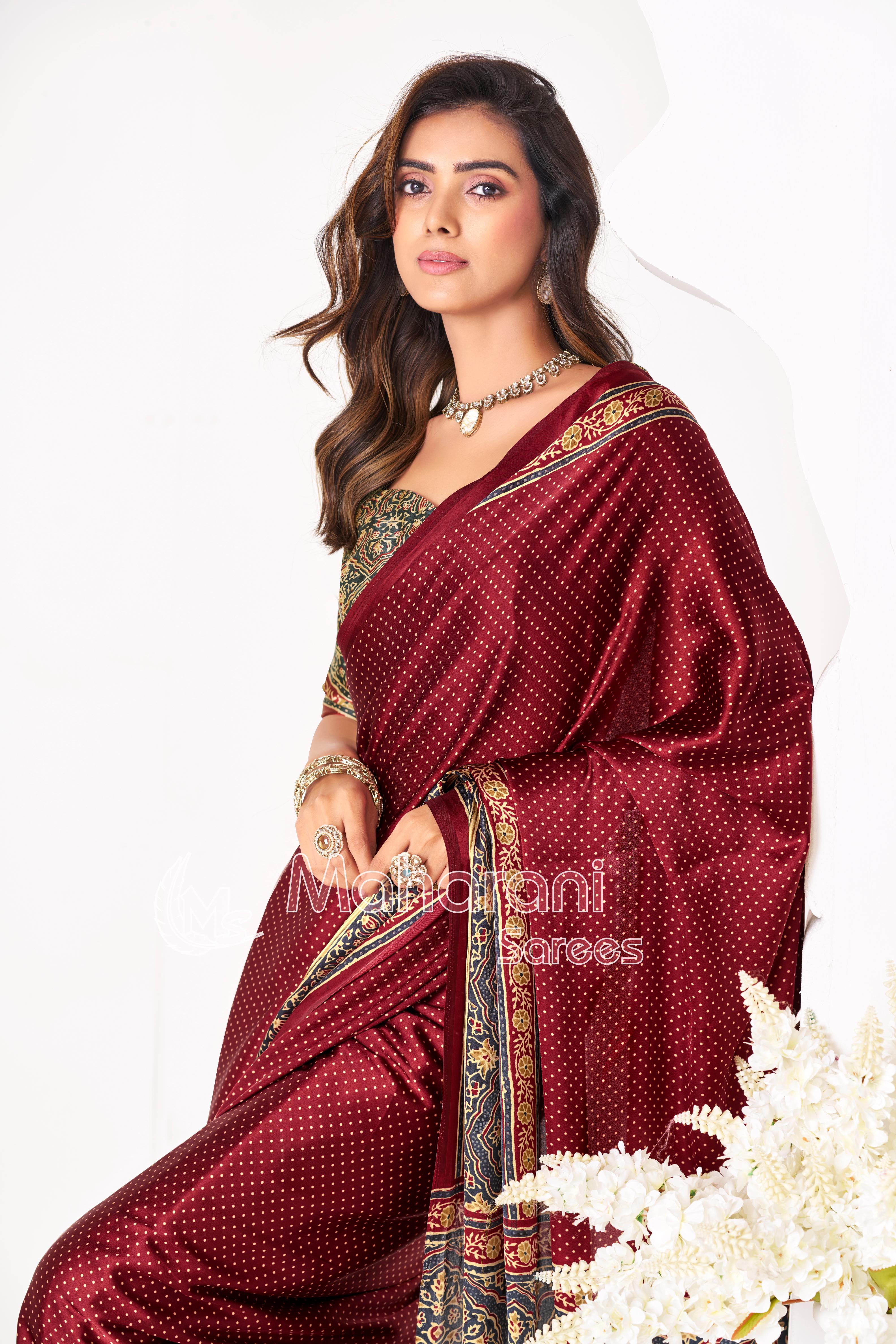 Maroon Ajrakh Printed Modal Silk Saree With Ajrakh Blouse