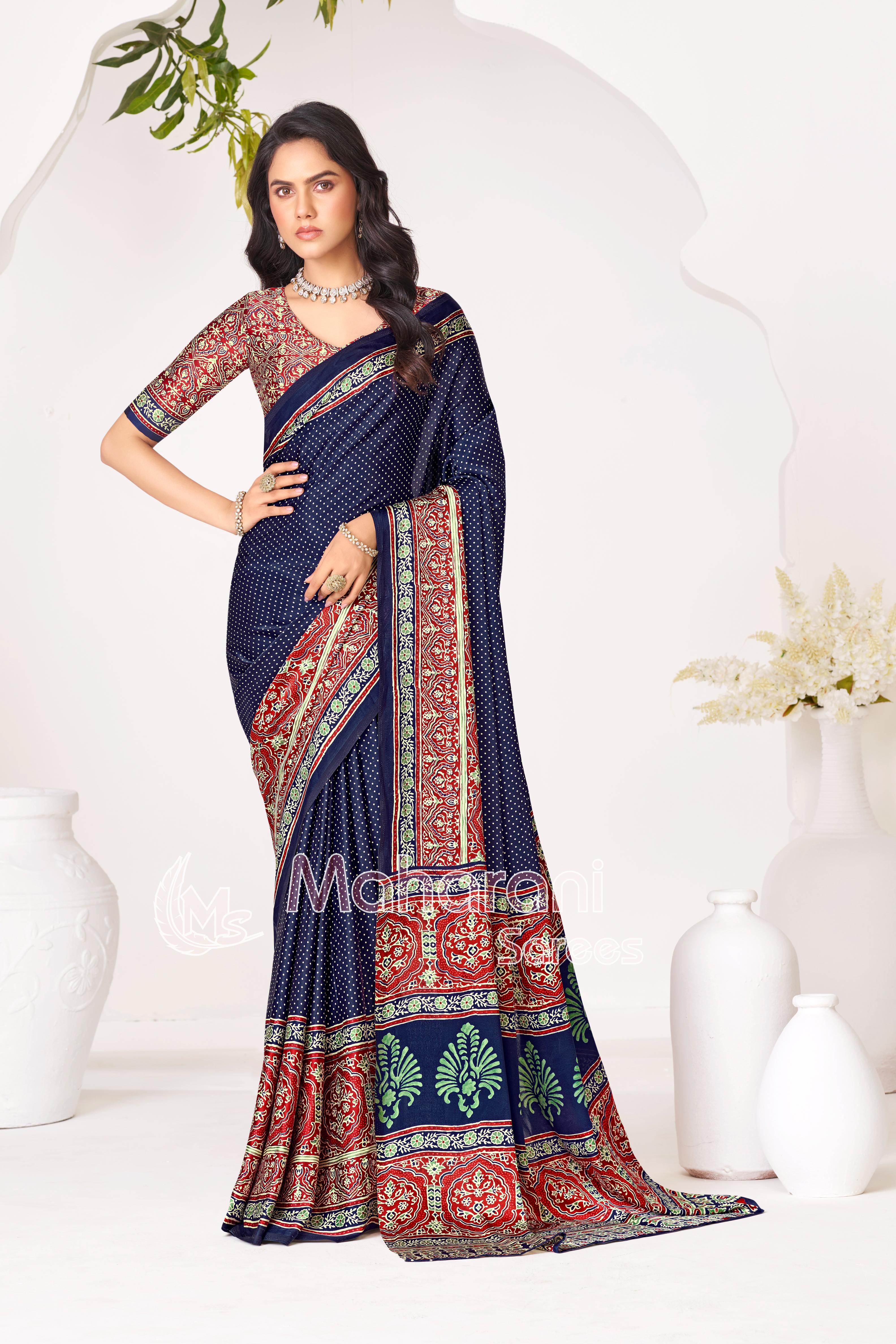 Blue Ajrakh Printed Modal Silk Saree With Ajrakh Blouse