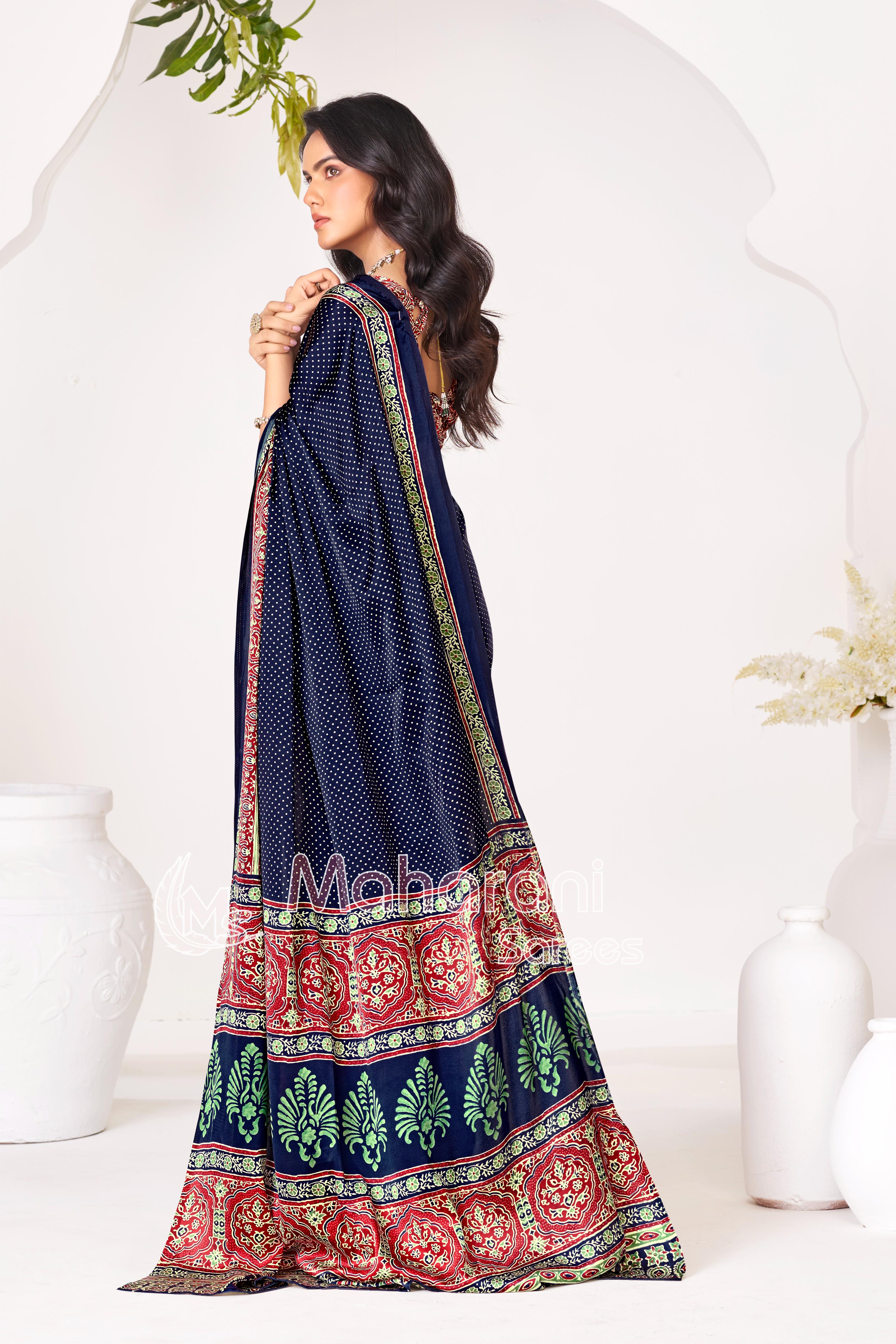 Blue Ajrakh Printed Modal Silk Saree With Ajrakh Blouse