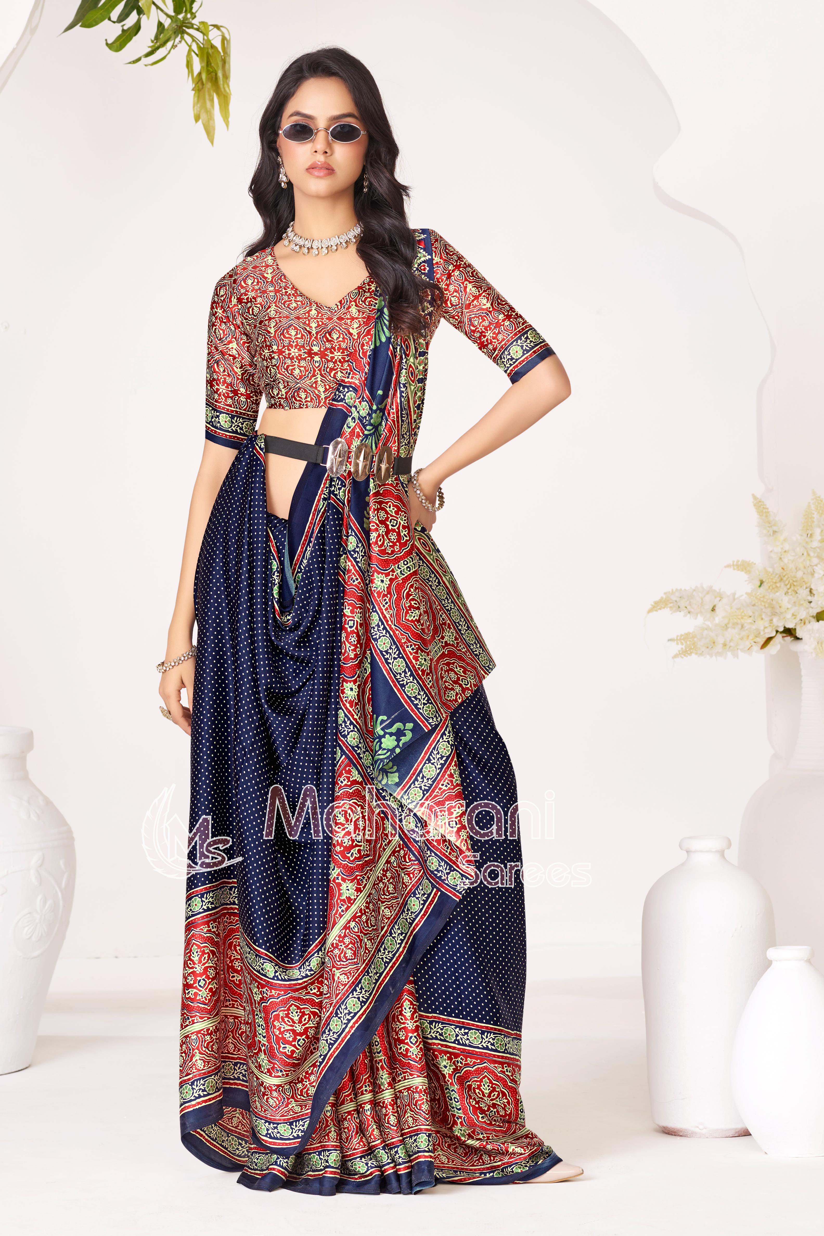 Blue Ajrakh Printed Modal Silk Saree With Ajrakh Blouse