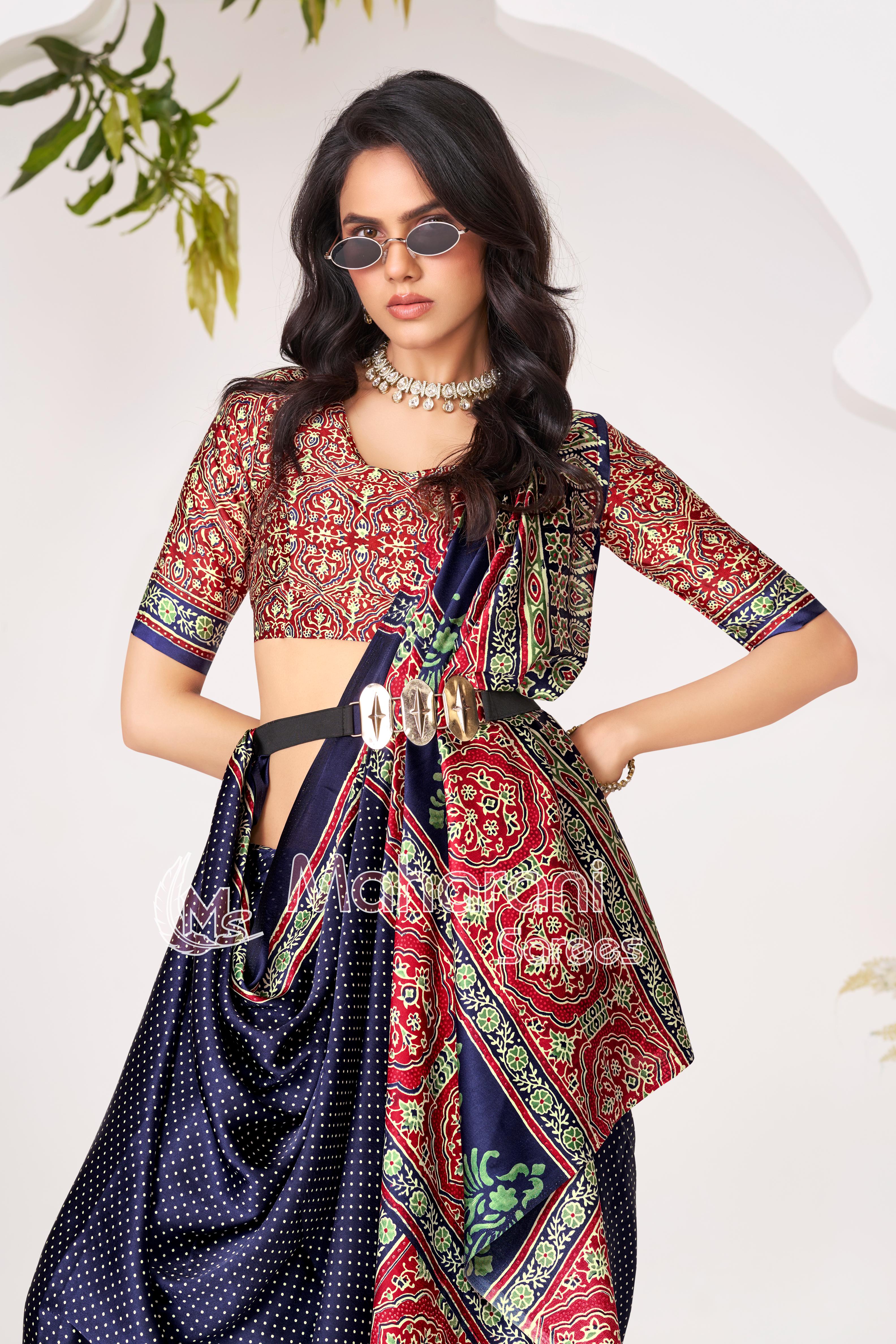 Blue Ajrakh Printed Modal Silk Saree With Ajrakh Blouse