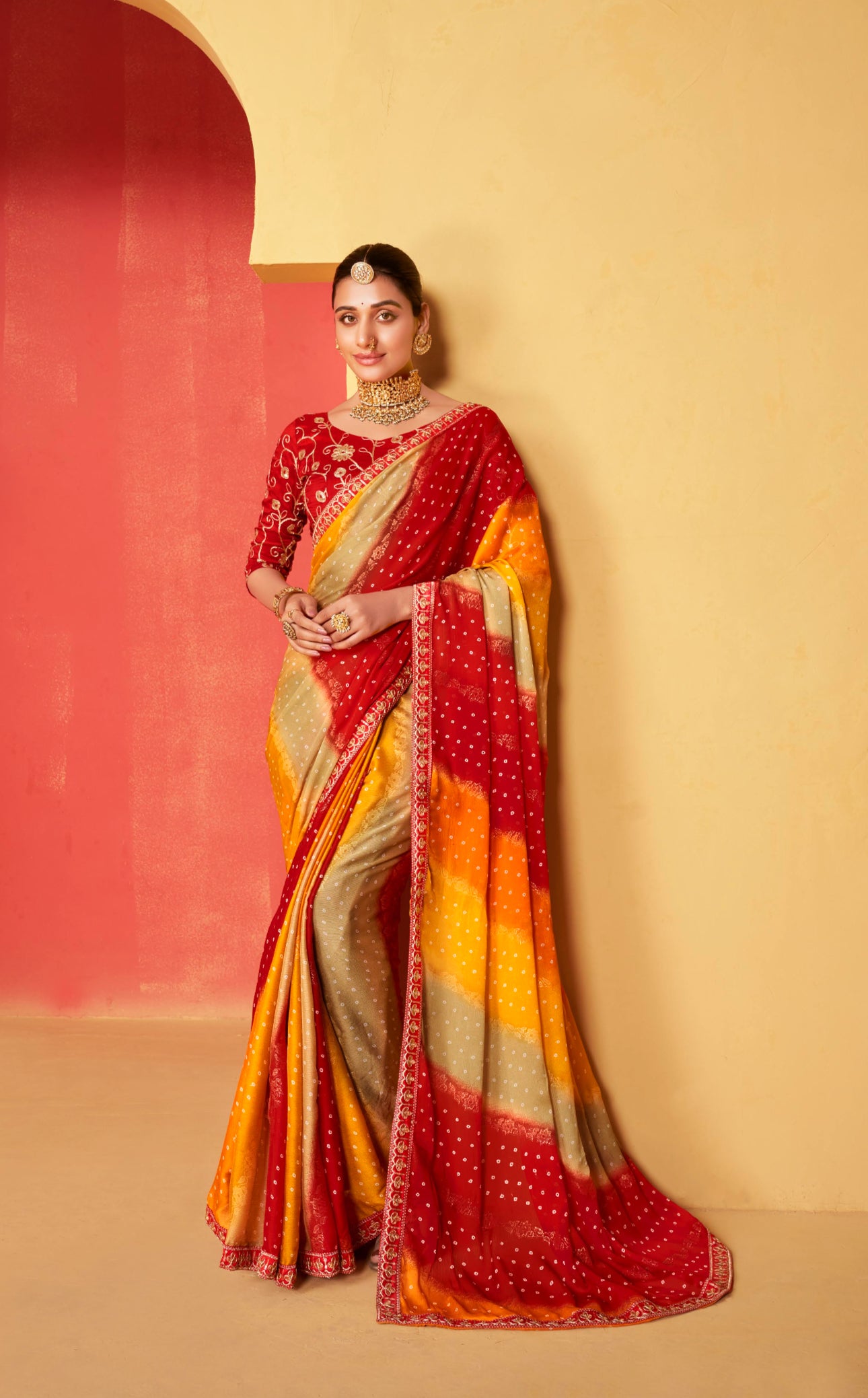 Multi Color Leriya Moss Chiffon Foil Mill Print And Embroidery Work Border Saree With Fancy Work Blouse Sbs4