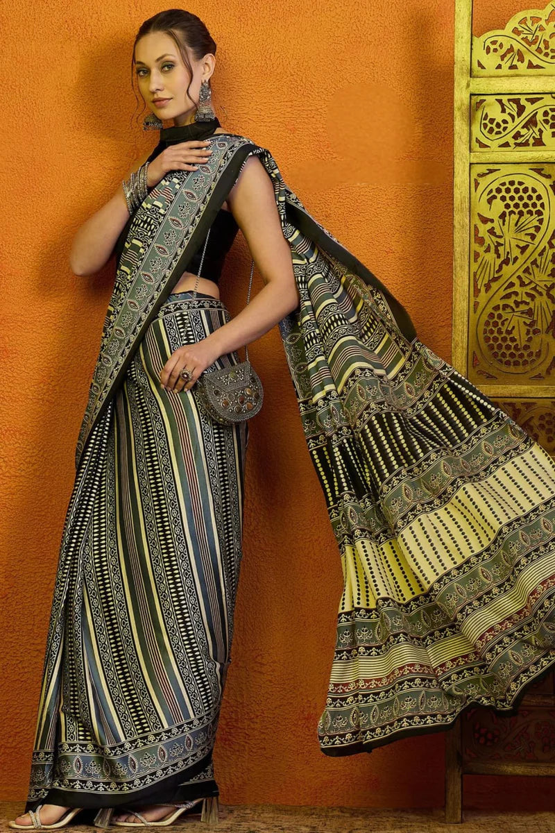 Gray Black Printed Ajrakh Satin Crepe Saree A2