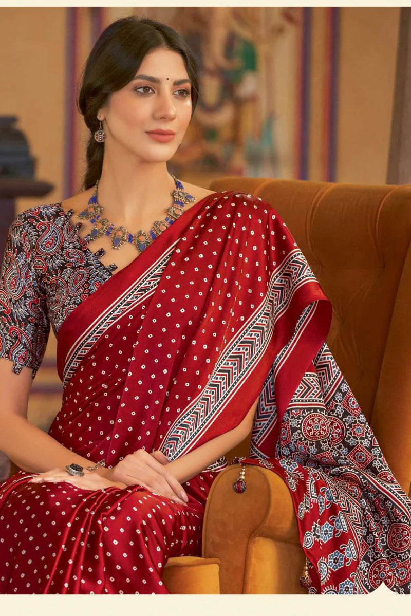 Maroon Bandhni New Ajrakh Printed Satin Crepe Saree