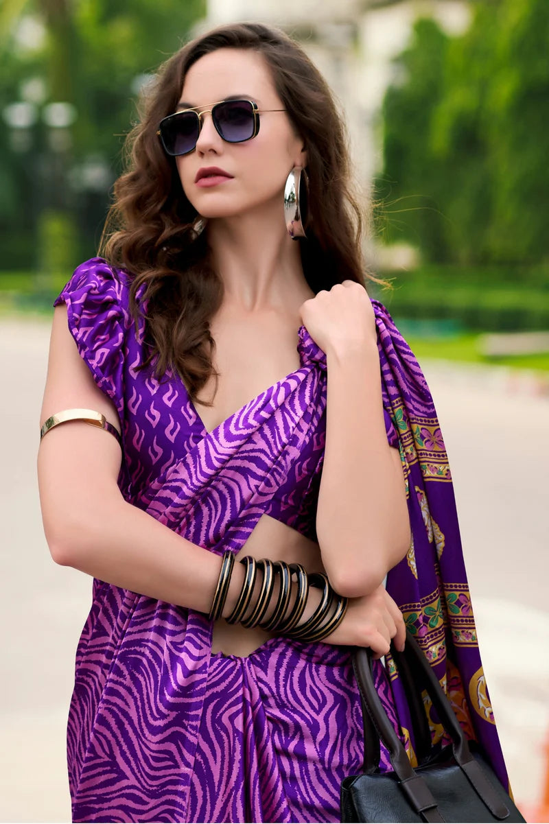 Purple Fancy Printed Satin Modal Silk Sarees R2