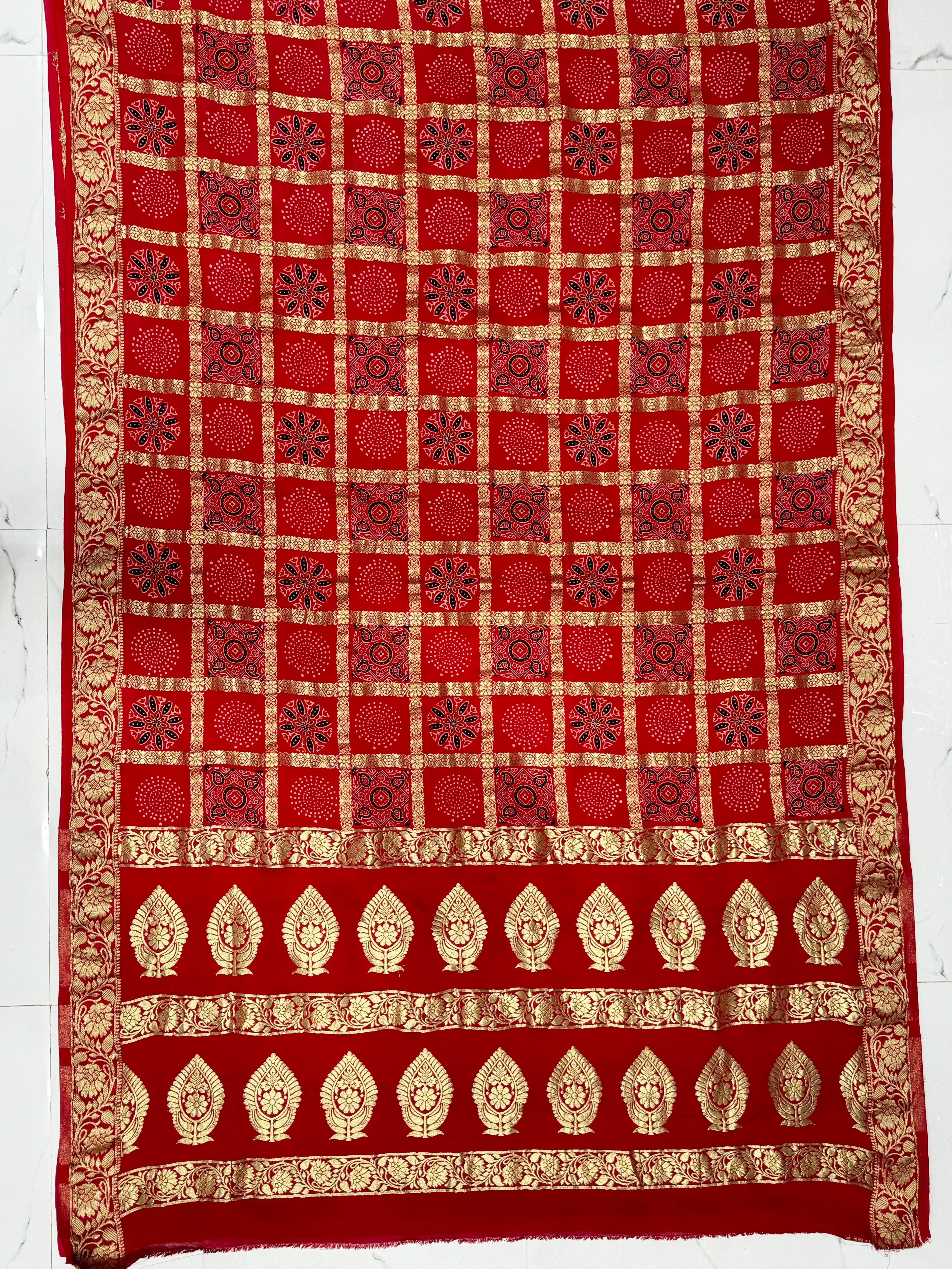 Scarlet Red Gharchola Nakshi Chex Ajrakh Saree