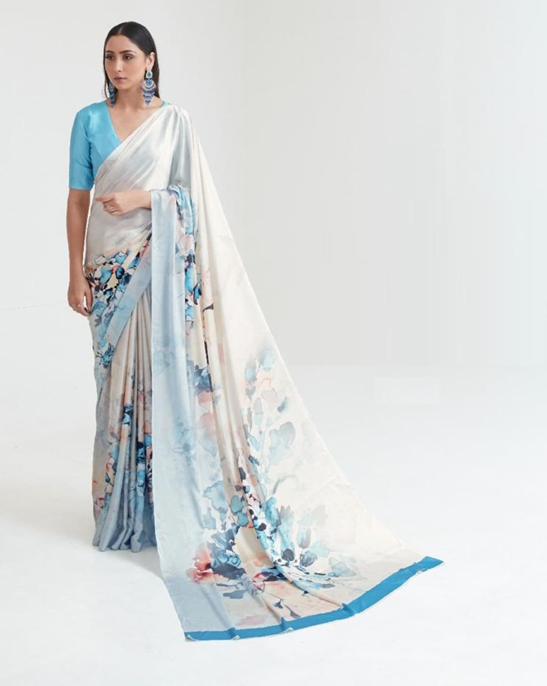White And Blue Satin Digital Print Saree
