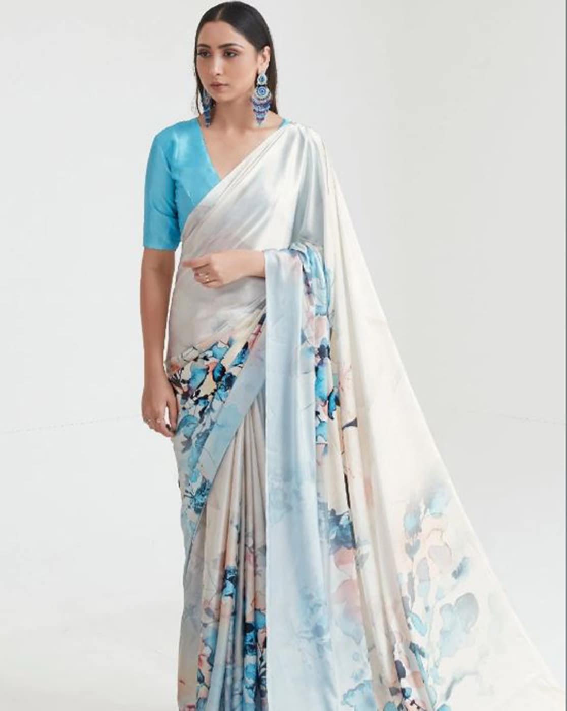 White And Blue Satin Digital Print Saree