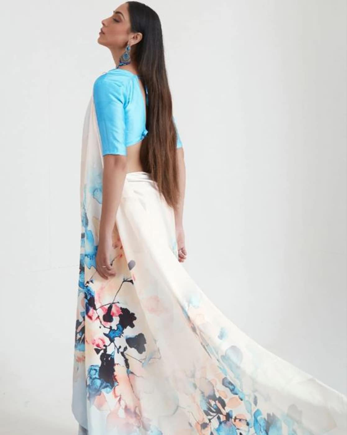 White And Blue Satin Digital Print Saree