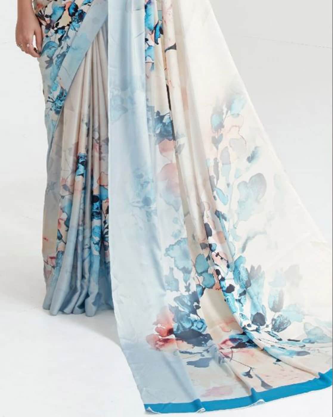 White And Blue Satin Digital Print Saree