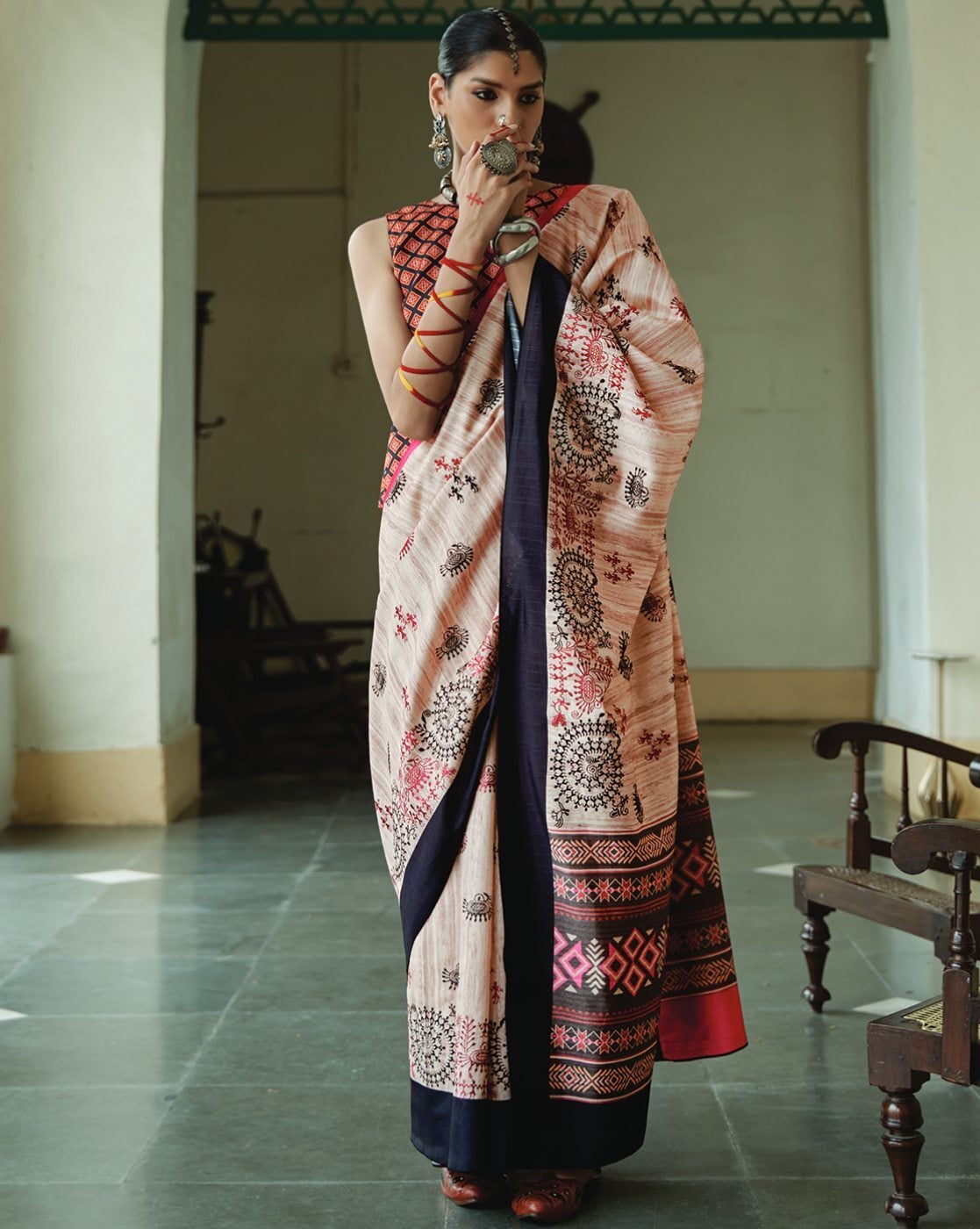 Brown Pink Ajrakh Printed Designer Banarasi Saree