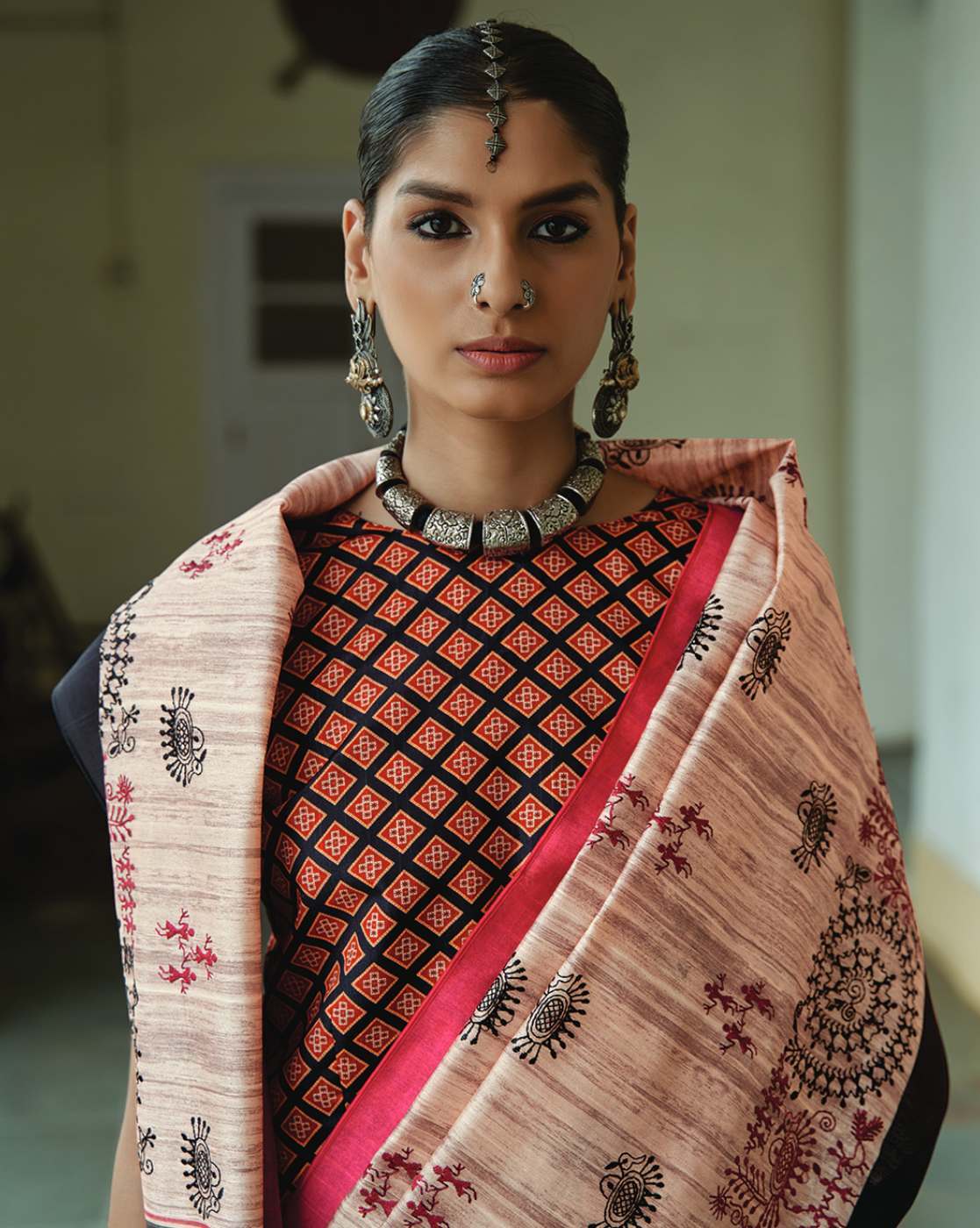 Brown Pink Ajrakh Printed Designer Banarasi Saree