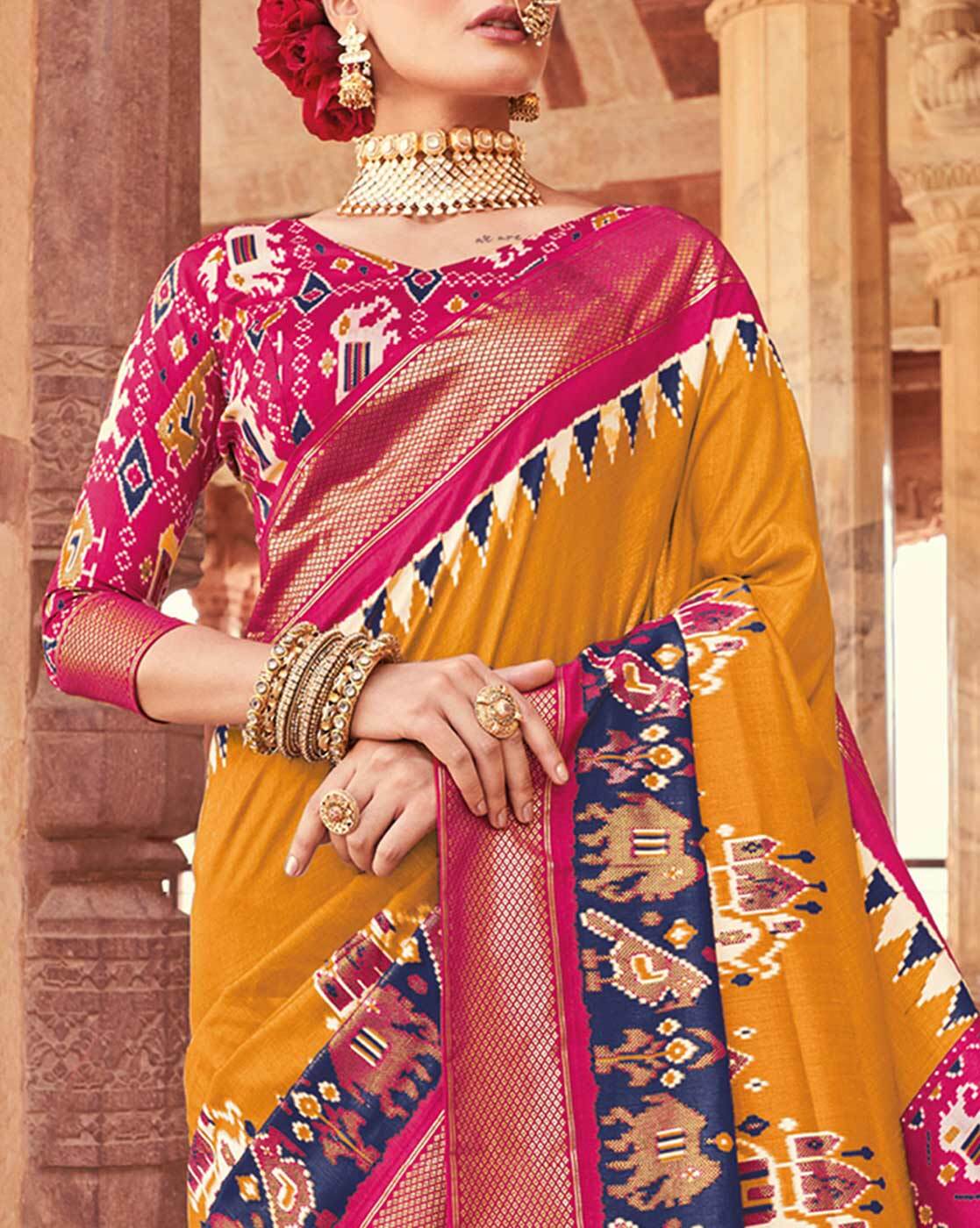 Expensive Yellow Plain Patola Silk Saree